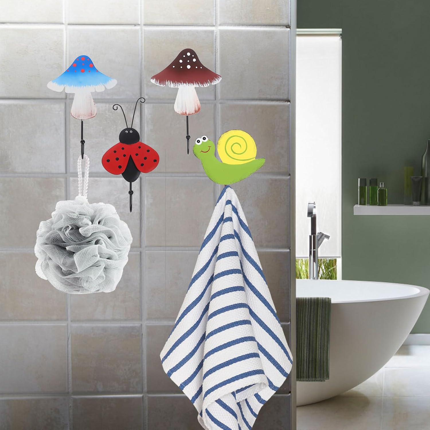 Healifty 4pcs Decorative Iron Wall Hooks Set, Cartoon Mushroom and Insect Coat Hooks, Multi-Color (Blue, Coffee, Red, Yellow) for Home Storage and Bathroom Organization image 4