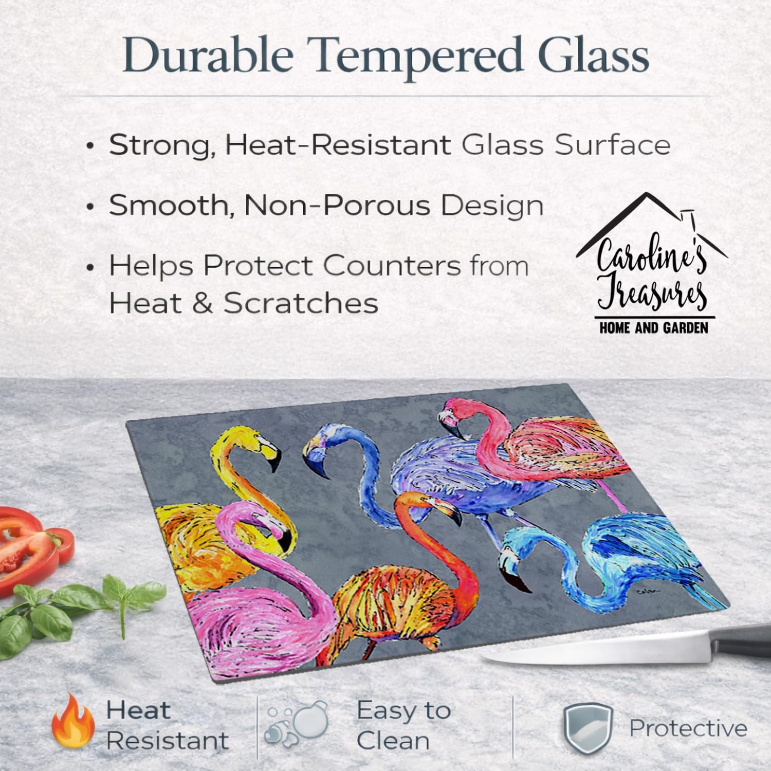 Caroline's Treasures 8871LCB Flamingo Six Senses Glass Cutting Board Large Decorative Tempered Glass Kitchen Cutting and Serving Board Large Size Chopping Board