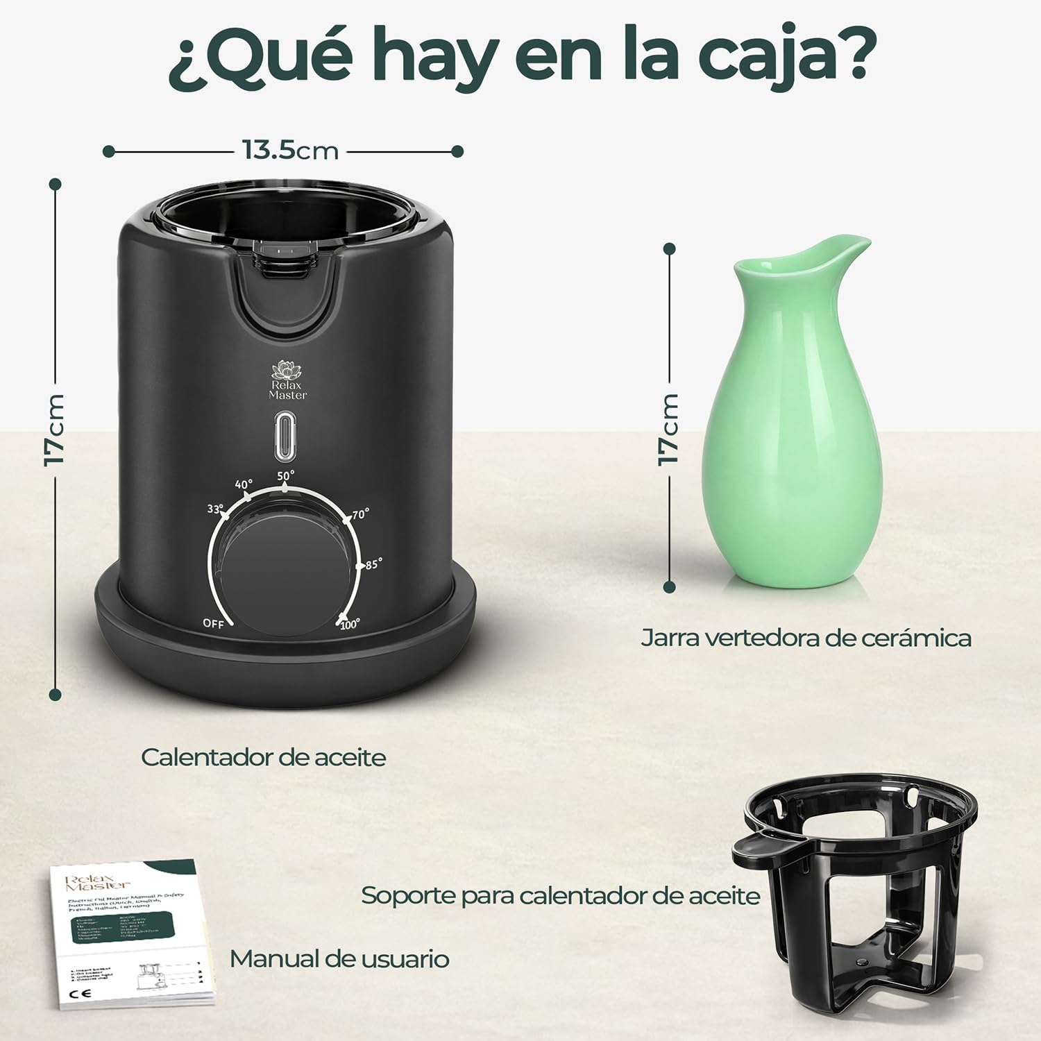 Relax Master Calentador de Aceite de Masaje – Jarra Vertedora de Cerámica – Temperatura Ajustable 33–100 °C – Calentamiento Rápido – Sistema Baño María.