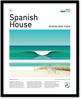 Spanish House Florida Surf Spot Framed Poster | Melbourne Beach Sebastian Inlet FL Wave Travel Print | Surfing Wall Art Modern Decor | Minimalist Design Surfer Gift, black-frame, 16x20-in, Framed
