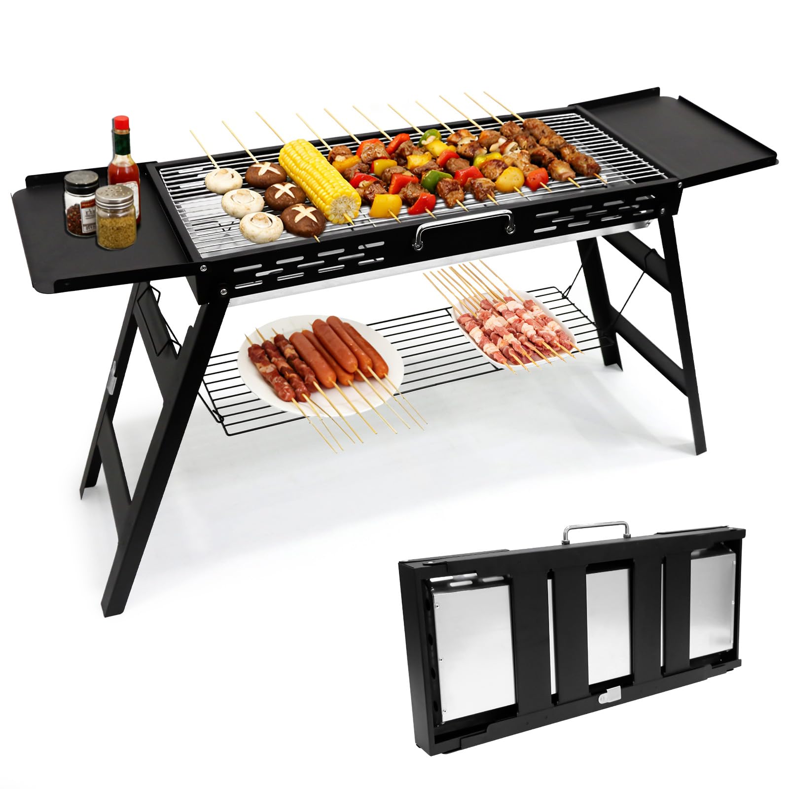 Barbacoa de carbón vegetal plegable barbacoa portátil carbón vegetal plegable barbacoa de jardín para aventuras al aire libre, picnics y camping, superficie de la parrilla 75 x 29,5 cm