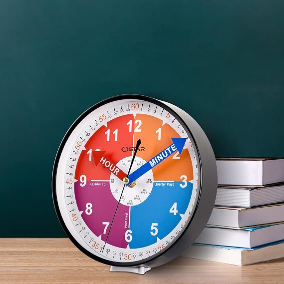OSTAR Telling Time Teaching Wall Clock, Hanging Stand Dual Purpose,Battery Operated Analog Silent Learning Clock for Kids Room Decor