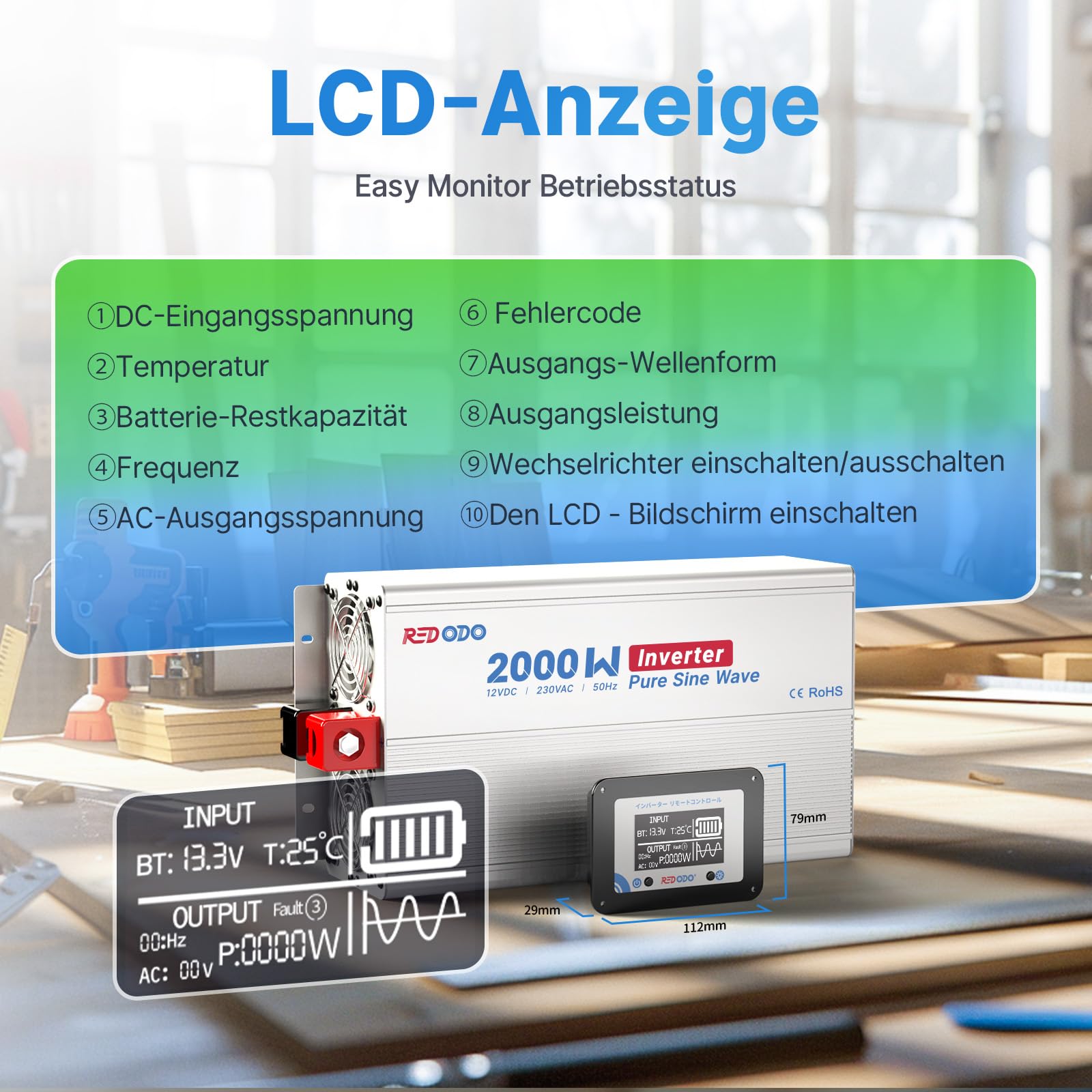 Redodo Reiner Sinus-Wechselrichter 2000W 2V DC zu 230V AC Konverter für Womo, Camping, Solarstrom-Wechselrichter mit 2*AC Ausgängen, Überwachungsbildschirm mit Echtzeit-Statusanzeige