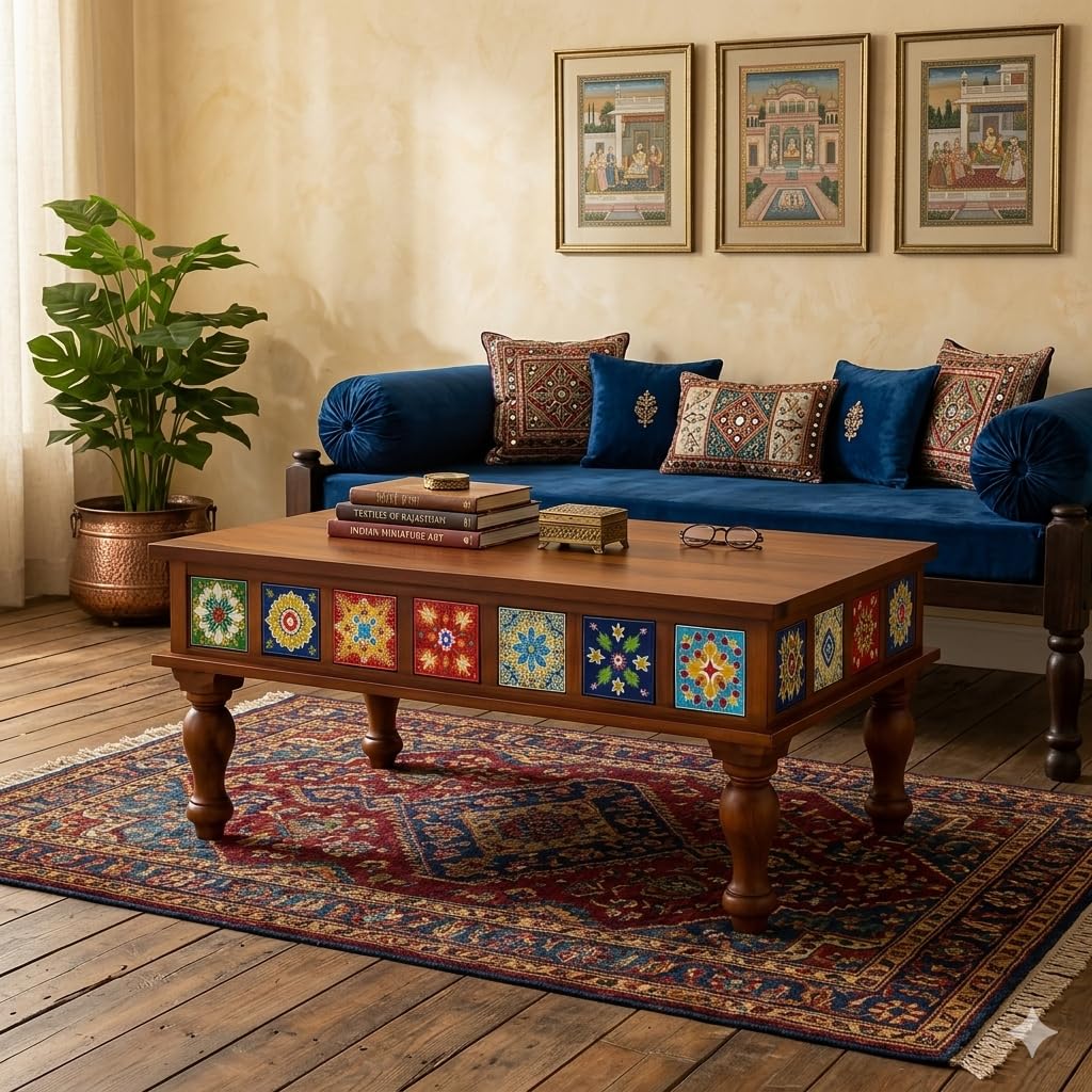 Sheesham Wood Rectangle Center Coffee Table for Living Room | Centre Table for Drawing Room Office & Home | Multicolor Tile Design Wooden Coffee Table | Honey Finish-image-15