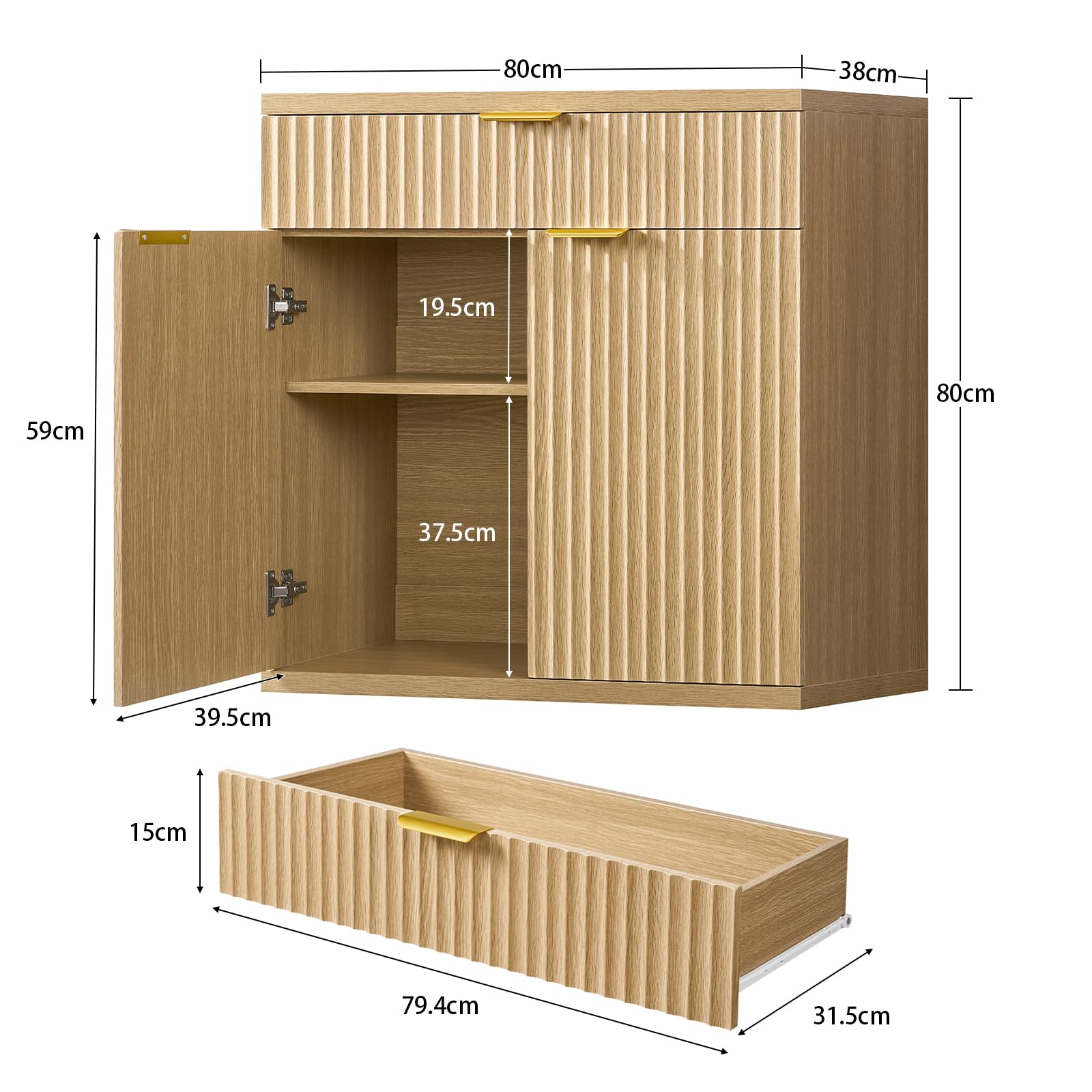 TEENFON Credenza Cucina Scanalata, Mobile con Cassetto e Ripiano Regolabile, Mobiletto Cucina in Legno Naturale con Maniglie Dorate, Credenza Soggiorno per cucina, soggiorno, ingresso-80x38x80cm