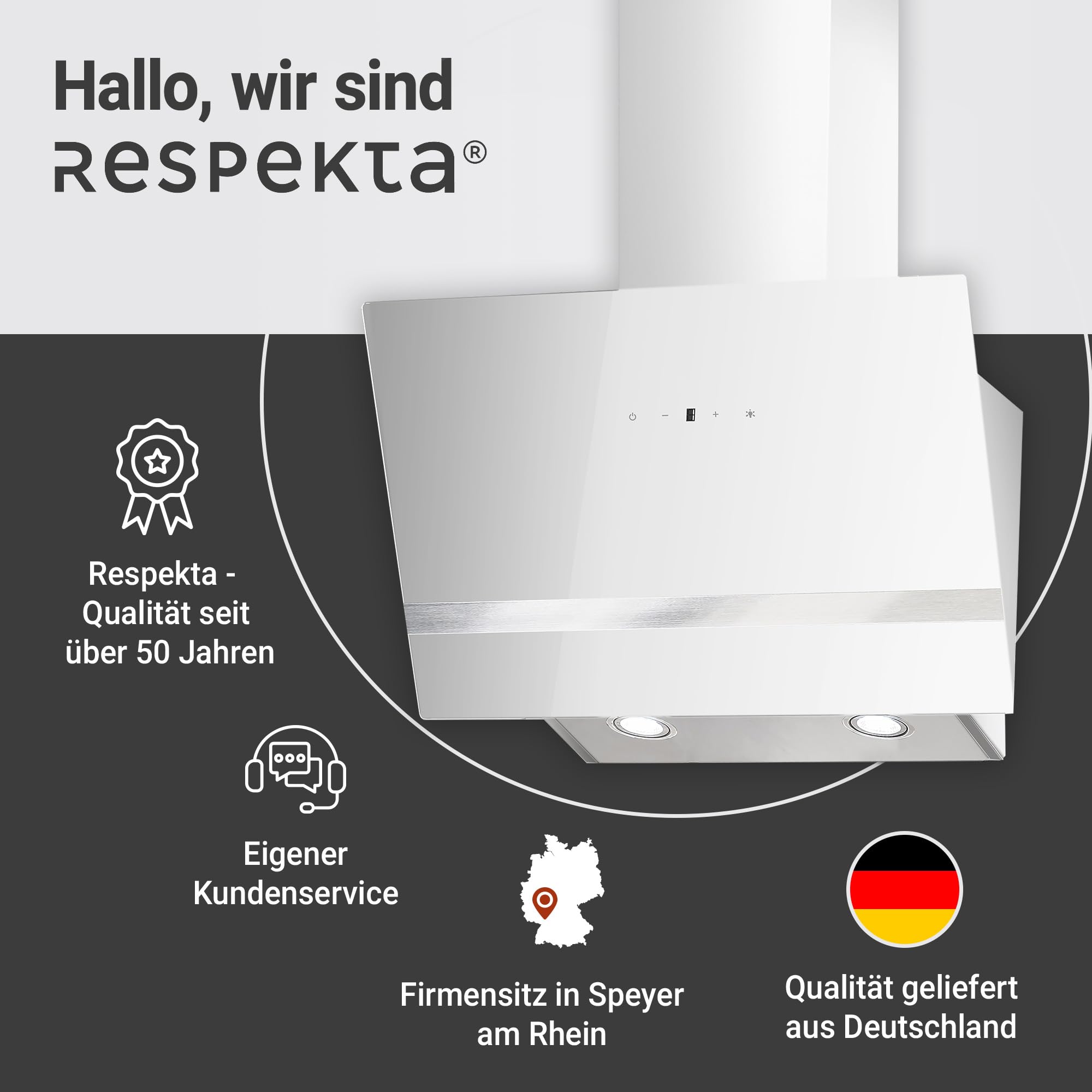 Respekta Dunstabzugshaube kopffrei/Haube schräg 60 cm/Metallgehäuse mit Glasschirm in Weiß/Abluft - und Umluftfunktion / CH24060WAM / A / 52 – 63 dB