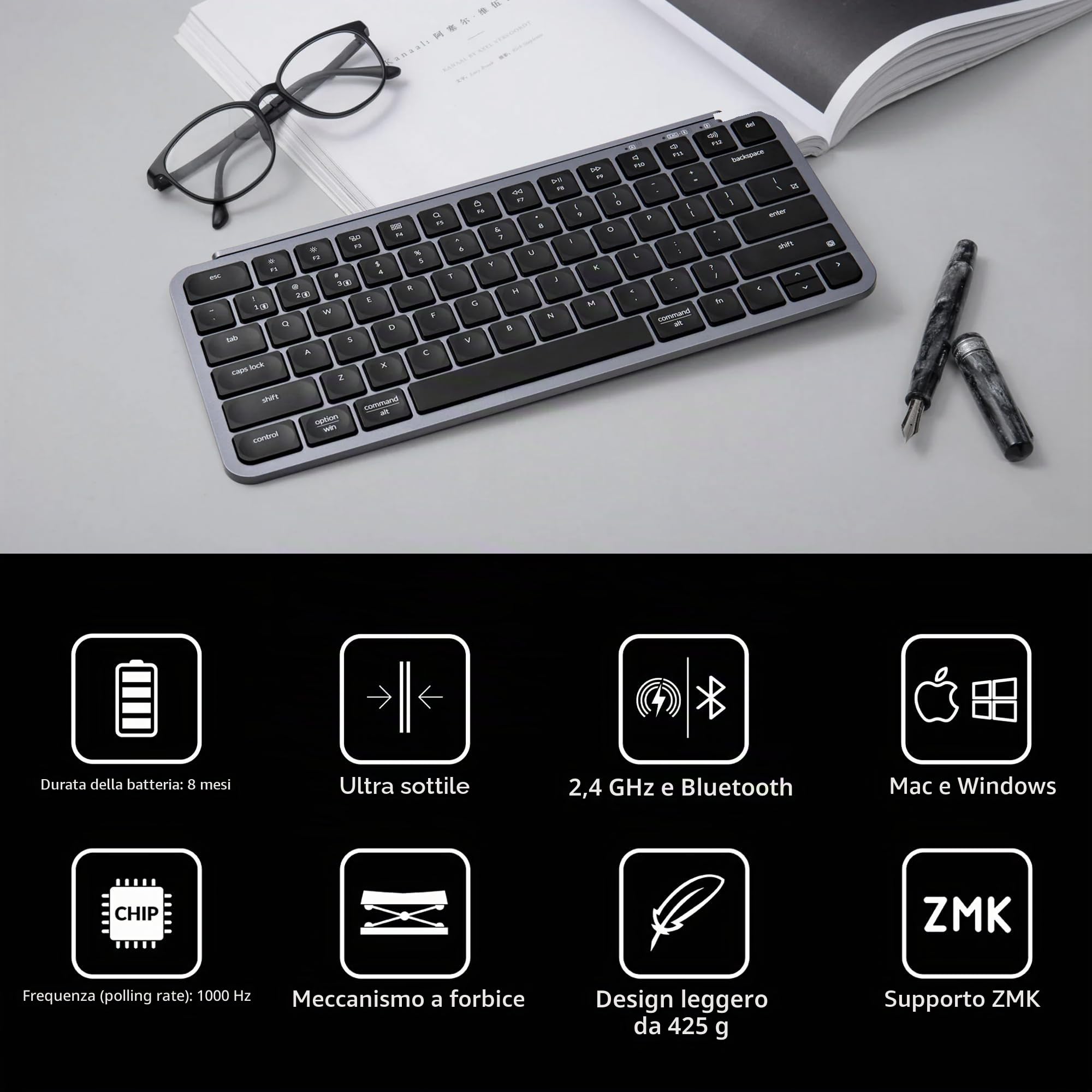 Keychron B1 Pro Tastiera wireless ultra piatta con regolazione ZMK, QWERTY US ANSI, 3 modalità Bluetooth/2,4 GHz/cavo 425 g leggera con 1.200 ore di durata della batteria per Mac/Windows - Grigio