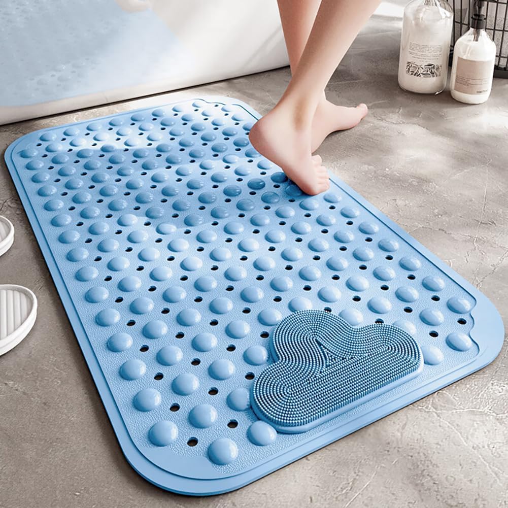 Tapis de Douche Antidérapant 106x66cm,Tapis Antidérapant Douche avec Ventouses et Trous de Drainage,Matériau TPE,Lavable en Machine,Bleu