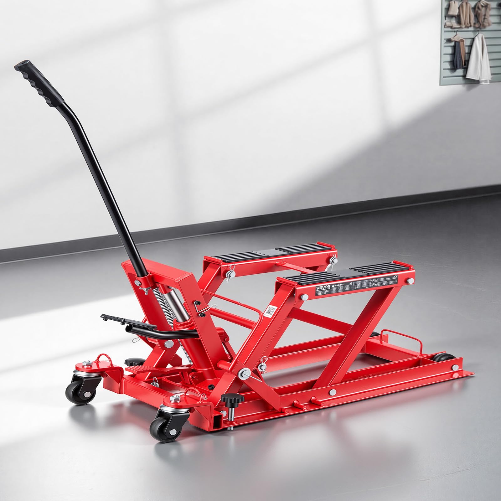 VEVOR Elevador Hidráulico de Motocicletas Capacidad de Carga de 680 kg, Plataforma Elevadora para Motocicletas con 4 Ruedas, Elevación de 115-385 mm, Soporte Estable para ATV, Talleres, Garajes