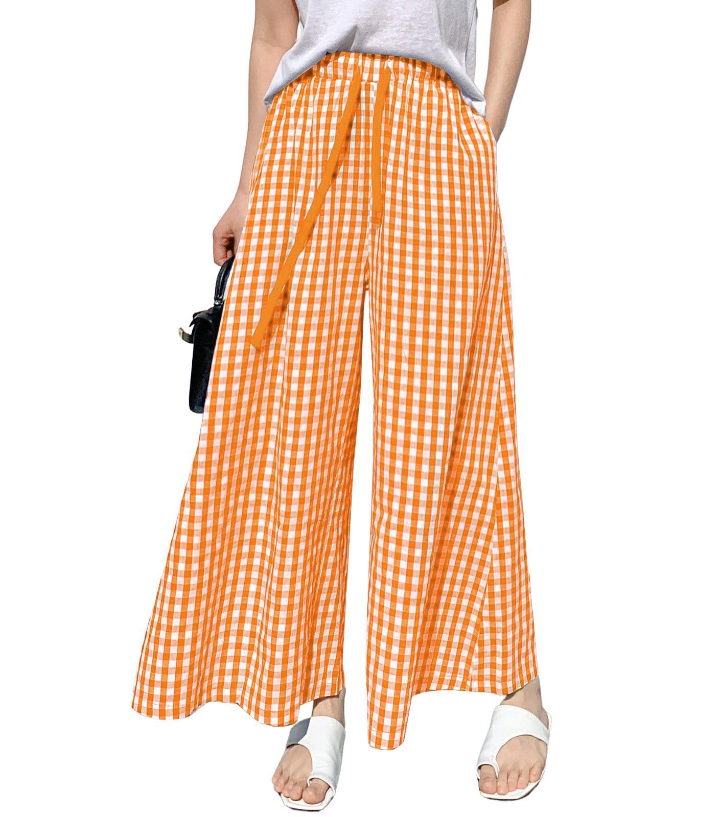 Fensajomon Womens Plaid Wide Leg Culottes Gingham High Waisted Cropped Palazzo Pants with Pocket