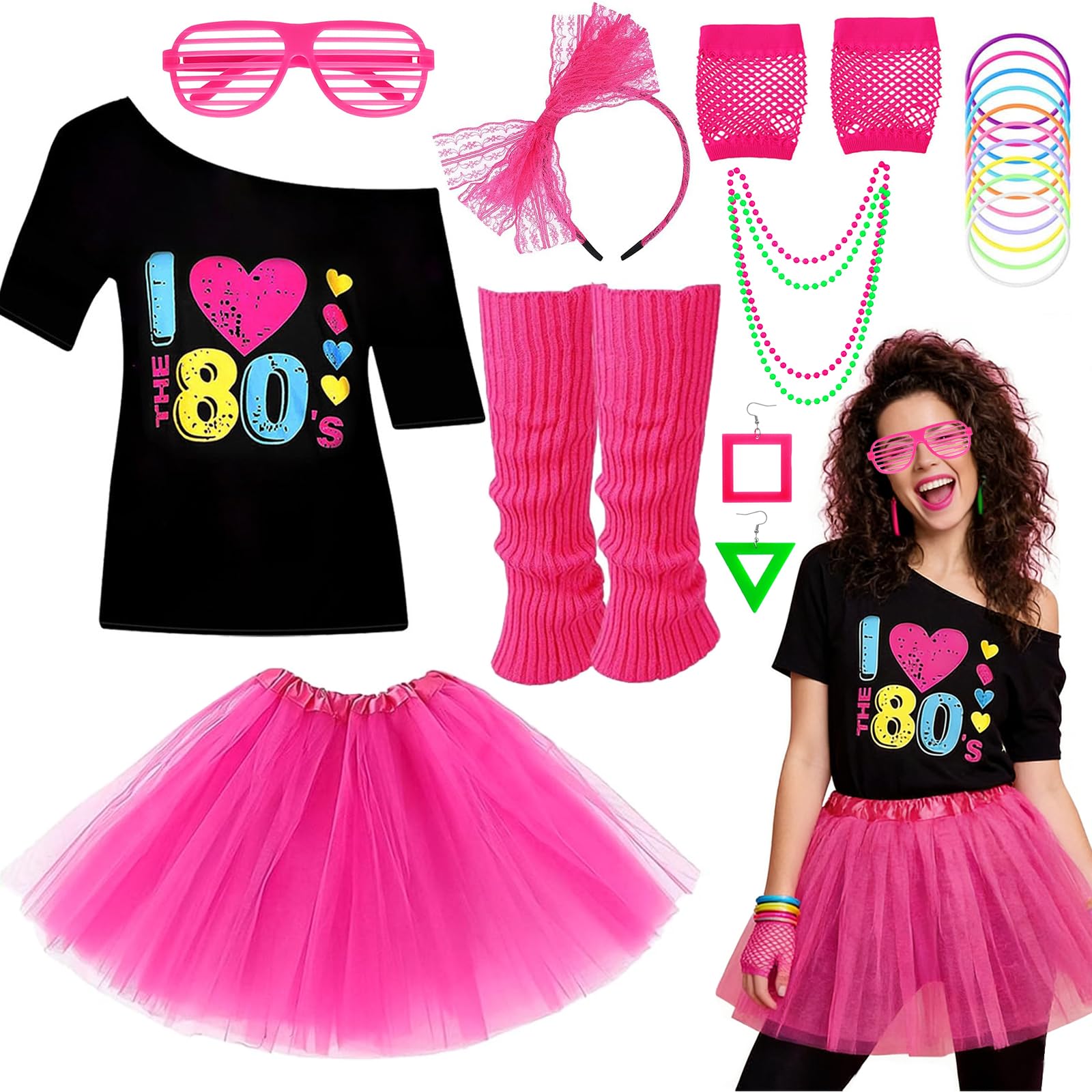 iSharely 80s Costume Outfit for Women, Neon 1980s Fancy Dress Set with T-Shirt Tutu Skirt Headband Earrings Necklace Glasses for Ladies Hen Party Dress up (Rose Red, M)