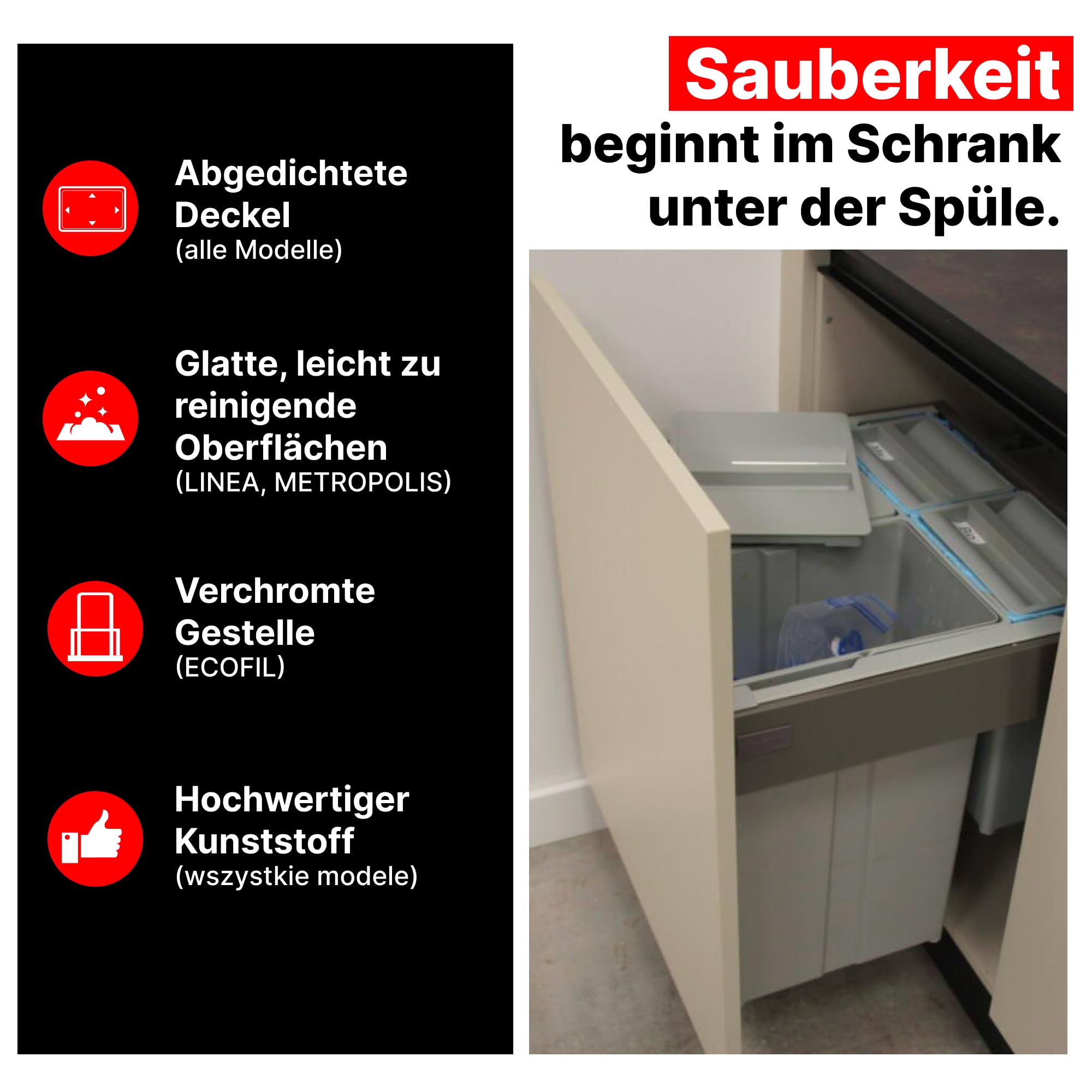 Mülltrennsystem LINEA 560 für 45 cm Spülenunterschrank - Mülleimer Küche Unterschrank (2x 17L), Abfalleimer Küche, Mülleimer 2 Fächer, Einbaumülleimer, Doppelmülleimer, Anthrazit