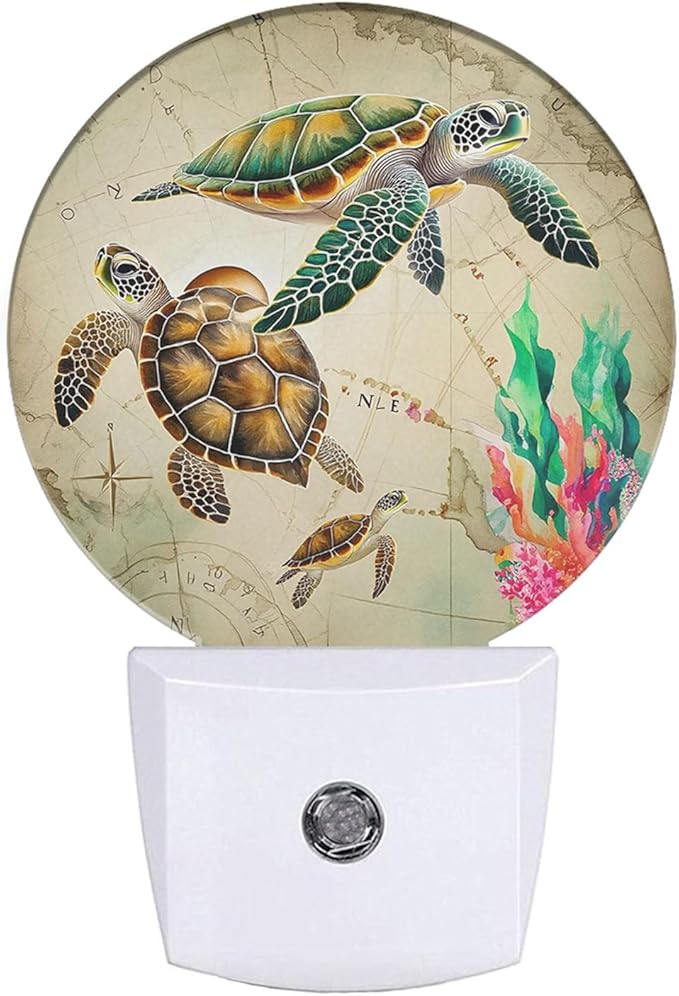 EKOBLA EKOBLA Nautical Coastal Night Light Sea Turtle Ocean Map Seaweed Coral Starfish Plug-in Nightlights Auto LED Lamp Energy Saving Round Lights for Boys Girls Men Women