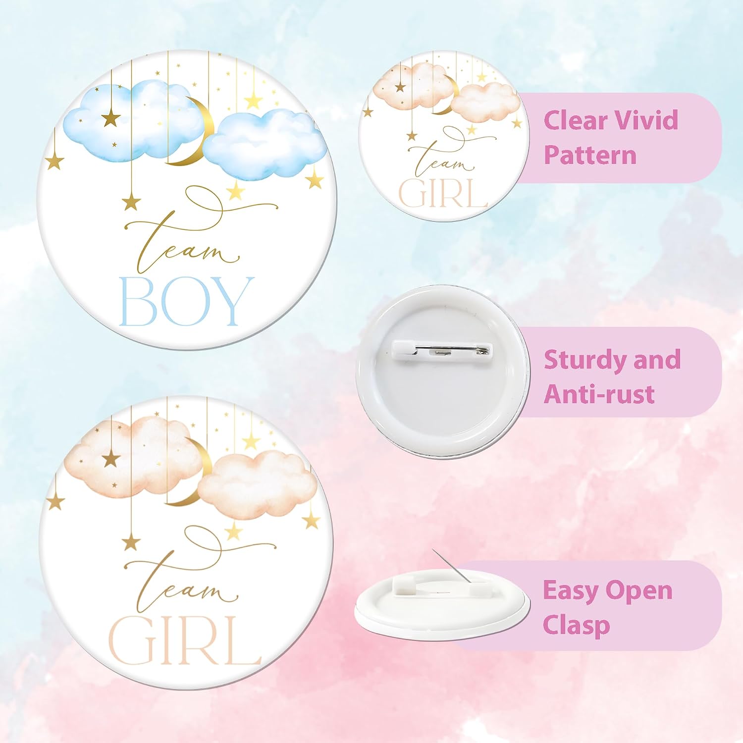 50 Pcs Moon Stars Gender Reveal Badges Button Pins Twinkle Twinkle Little Star Team Boy or Girl Pins He or She Gender Reveal Decorations Pin Badge for Baby Shower Party Favor Game Supplies, 1.7 In (50, Moon Stars)