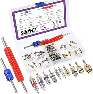 Swpeet 102 PCS Klimaanlage Ventil Core Zubehör Kit inkl. Sortiment R12 R134a Ventil Kern Kühlung Reifen Ventil Vorbaukerne mit Entferner Werkzeug für die meisten Autos