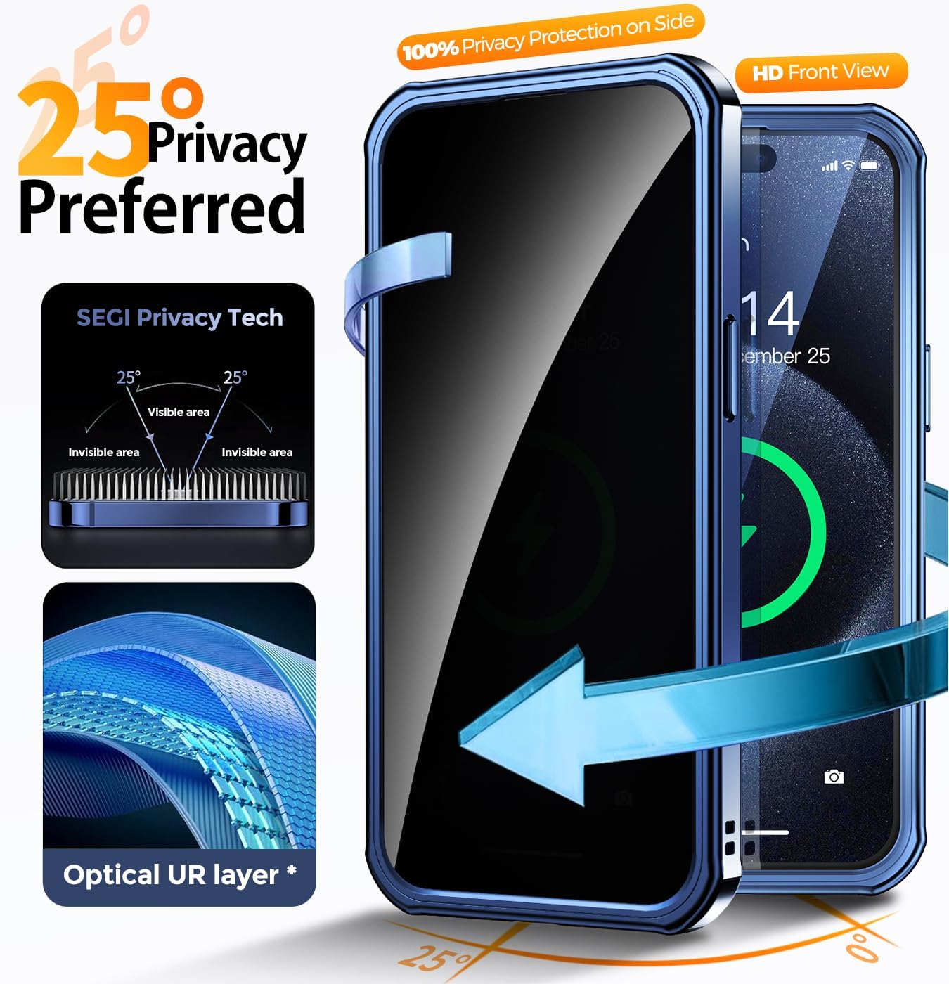 [CD Metal Ring Stand + Built-in Privacy Screen Protector] Magnetic Case for iPhone 15 Pro 6.1"[Soft Bumper Full Signal] [Compatible with MagSafe] 9H Glass Full Body Shockproof Clear Case,Blue Titanium iPhone 15 Pro Blue Titanium