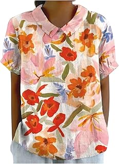 2025 - Verano Mujer Elegante Solapa Cuello Redondo Camisa de Lino Impreso Suéter Holgado Vintage Casual Camiseta Plunder Mujer
