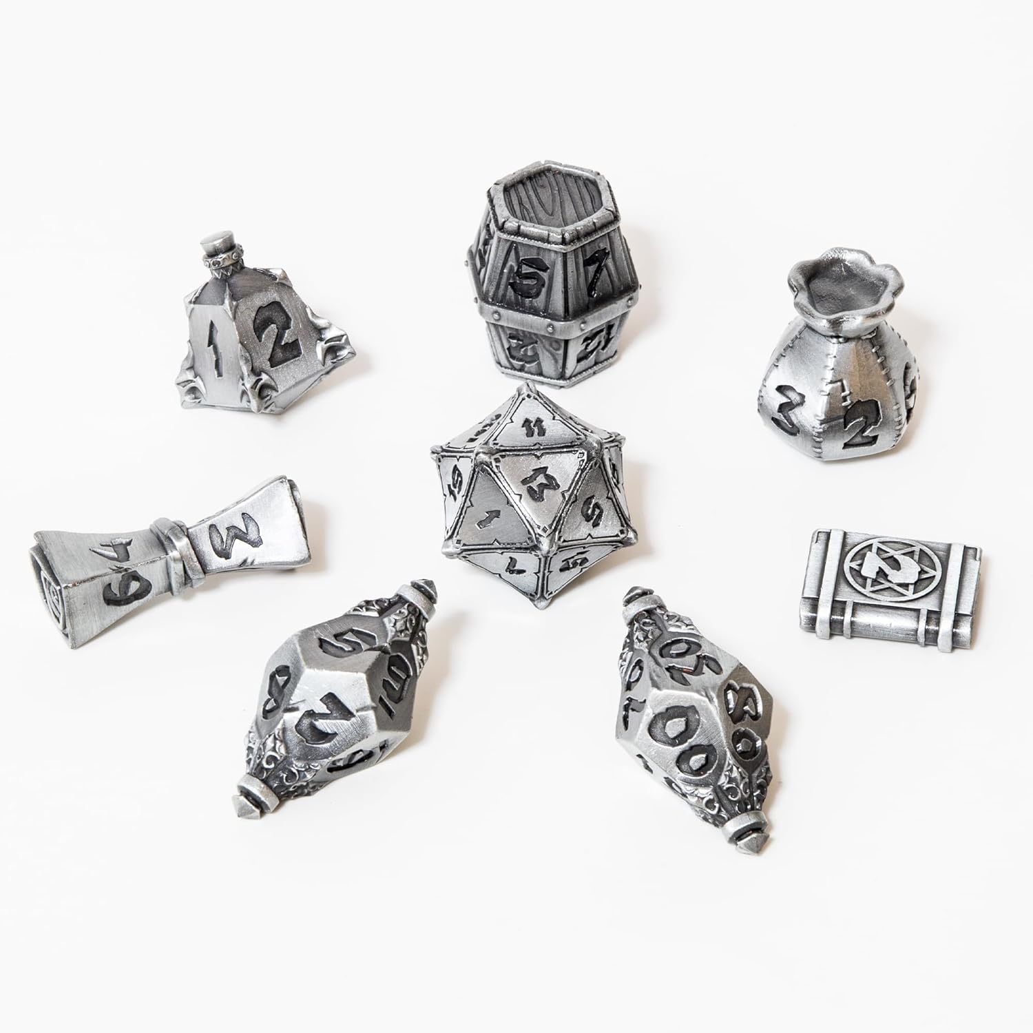 Dice Old Silver Color Alloy Material - Die Double-Colors Polyhedral Dice Sets for D&D DND RPG MTG Dungeon and Dragons Table Board Roll Playing Games D4 D6 D8 D10 D% D12 D20,Age 15+