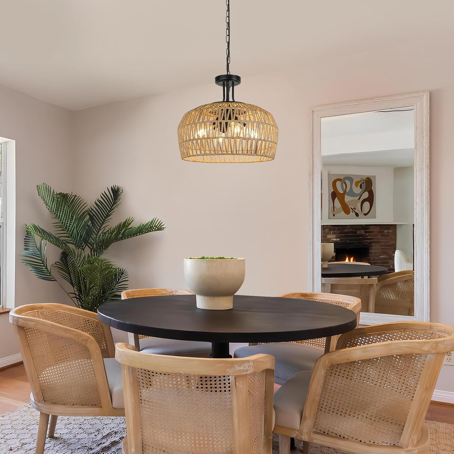 LynPon 18" Farmhouse Rattan Chandelier, 4-Light Boho Pendant Light Fixture with Woven Wicker Shade, Convertible Coastal Hanging or Ceiling Light Fixture for Dining Room Kitchen Living Room Foyer