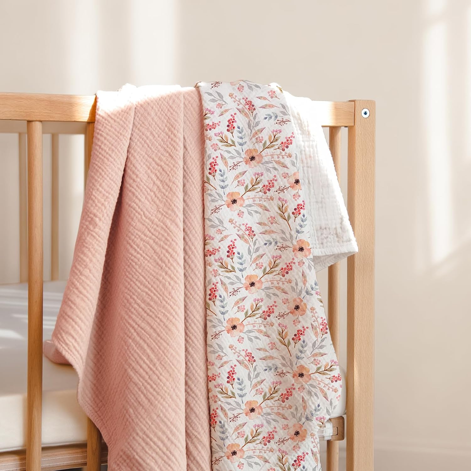 lulumoon Muslin Swaddle Blankets for Baby: Soft Cotton Newborn Receiving Blankets - Floral Print Nursery Gift Set for Baby Girls(Pink Flower) - Image 2