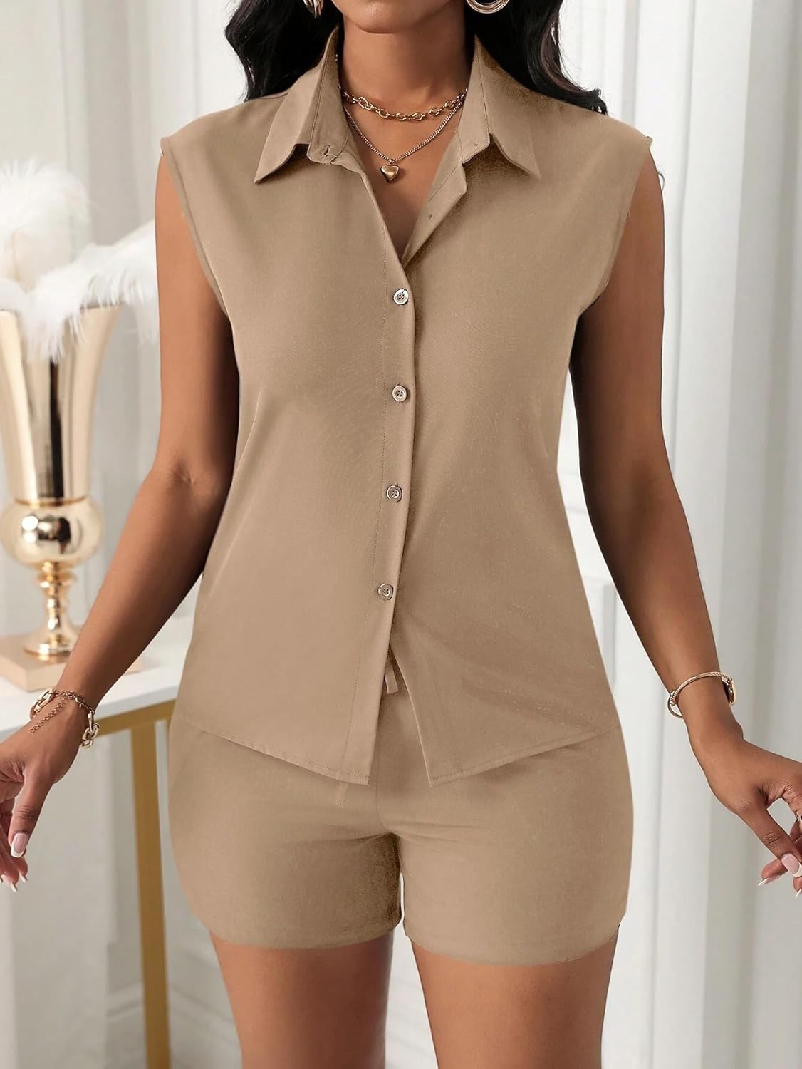 Women's Casual 2-Piece Summer Set Sleeveless Button Front Blouse Drawstring Waist Shorts