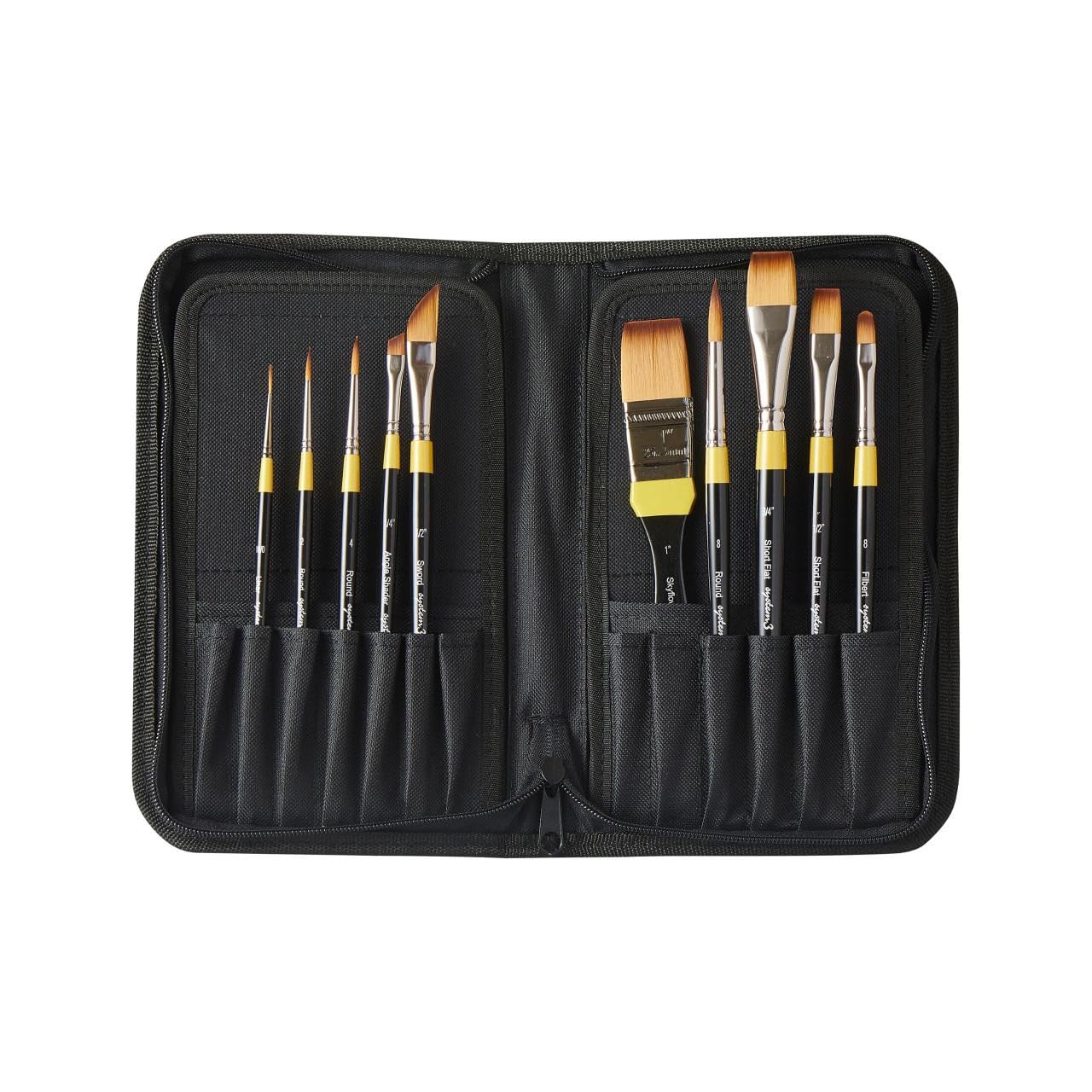 Daler Rowney System3 astuccio con cerniera 10 pennelli assortiti set 4 pennelli assortiti manico corto per pittura acrilica