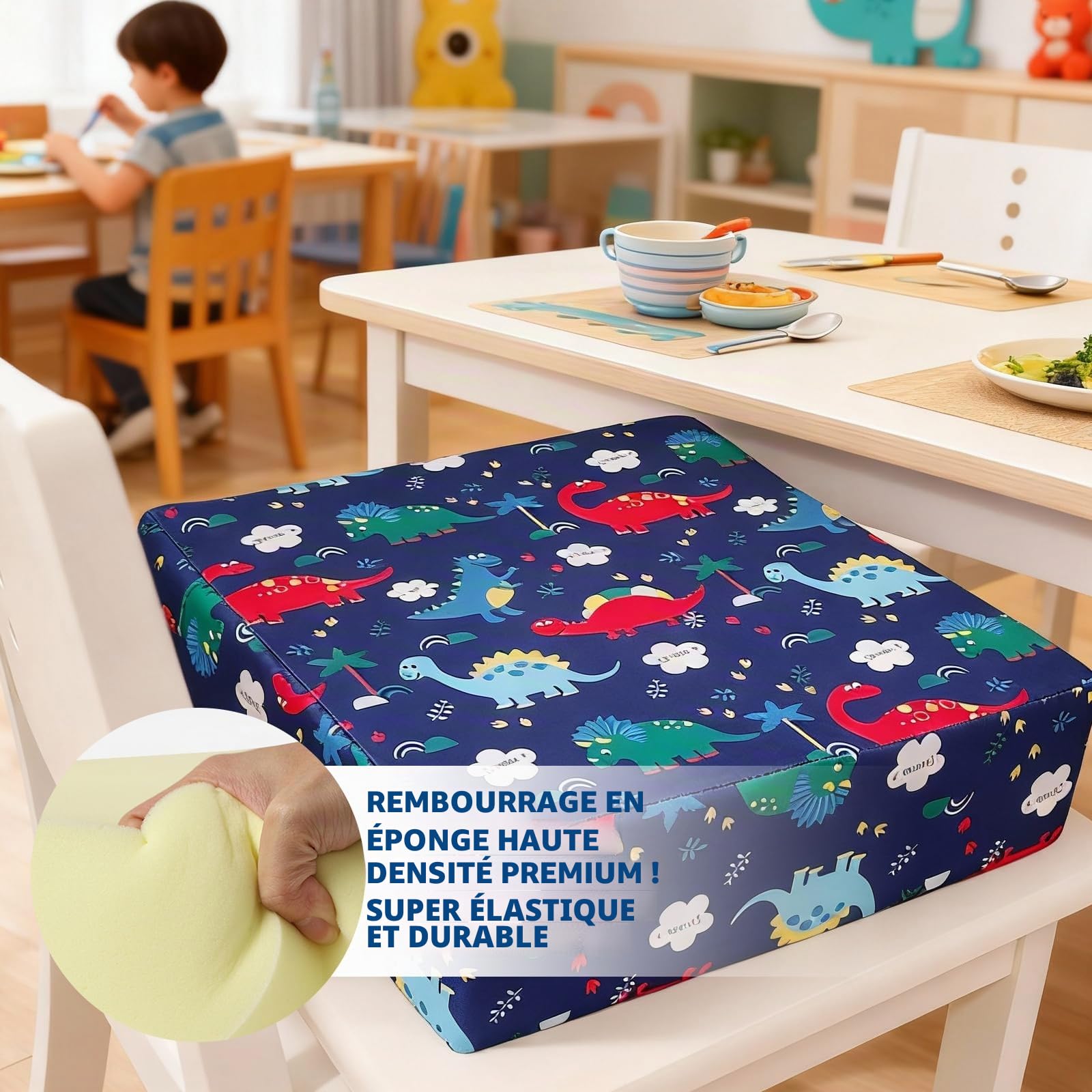 Rehausseur de chaise enfant, 33 x 33 x 8 cm, coussin de siège déperlant, rehausseur de table, rehausseur portable, lavable, réglable, démontable, antidérapant (bleu)