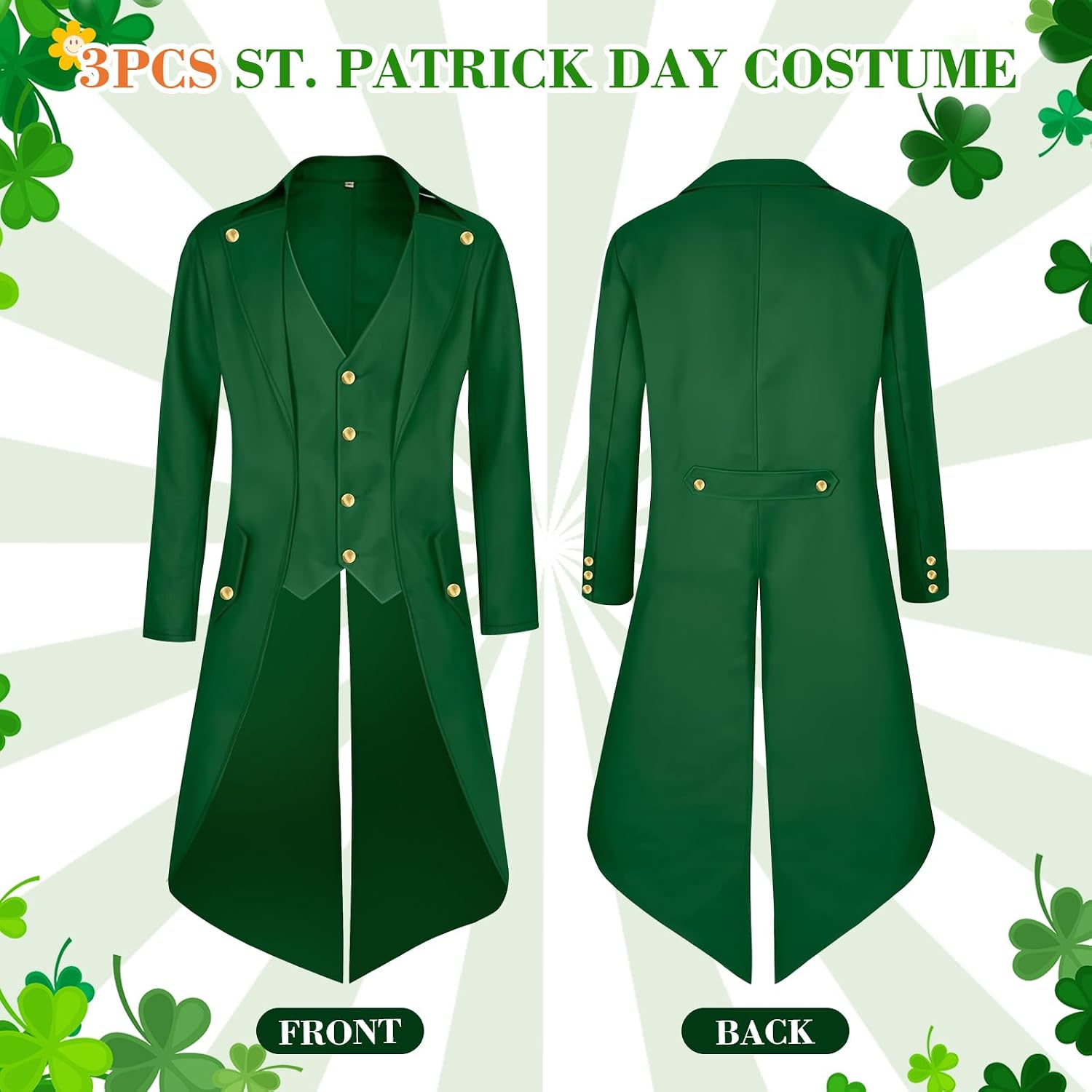 3 PCS ST. Patrick's Day Costume Men Adult Green ST Patrick Day Costume with Steampunk Green Top Hat Bow Tie