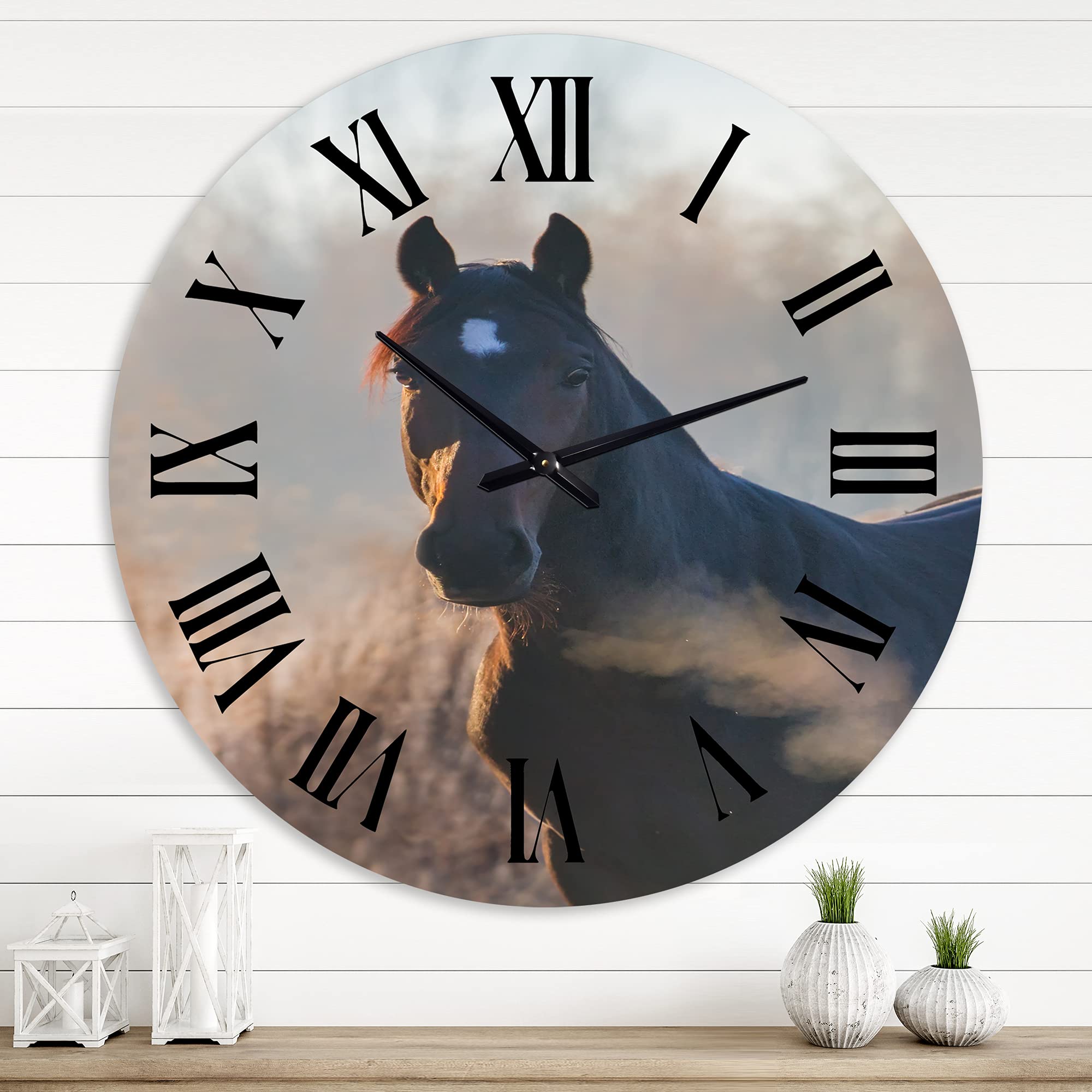DesignQ Farmhouse Wall Clock 'Portrait of A Horse On an Autumn Morning' Animals Large Wall Clock for Kitchen Decor