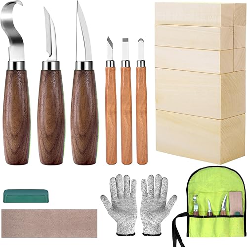 Kit de corte de madera para principiantes, niños y adultos, juego de tallado de madera con 8 bloques de tallado de tilo, herramientas de tallado de