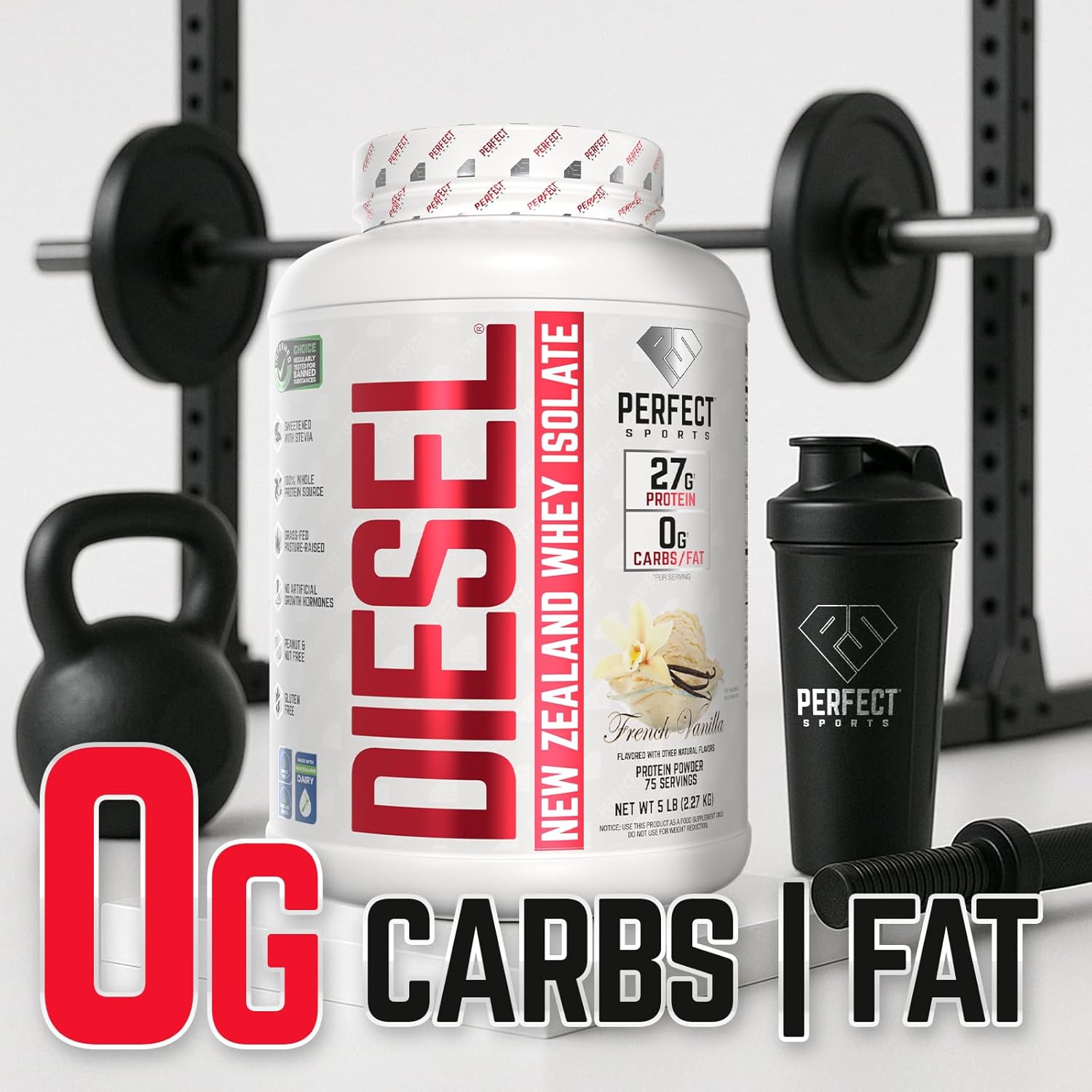 PERFECT SPORTS Diesel 100% New Zealand Whey Protein Isolate | Stevia Sweetened, No Artificial Ingredients, Keto | 0g Carb, 0g Fat, 27g Protein | 5 Pounds (French Vanilla)