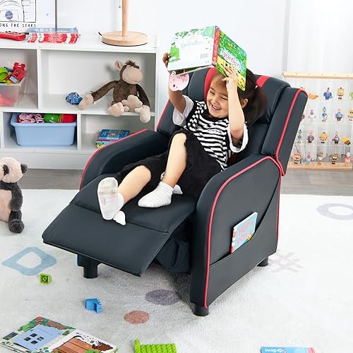 Miniatura 22 de Costzon Silla reclinable para niños, silla reclinable para juegos con bolsillos laterales, reposapiés, reposacabezas y soporte lumbar para rosado,