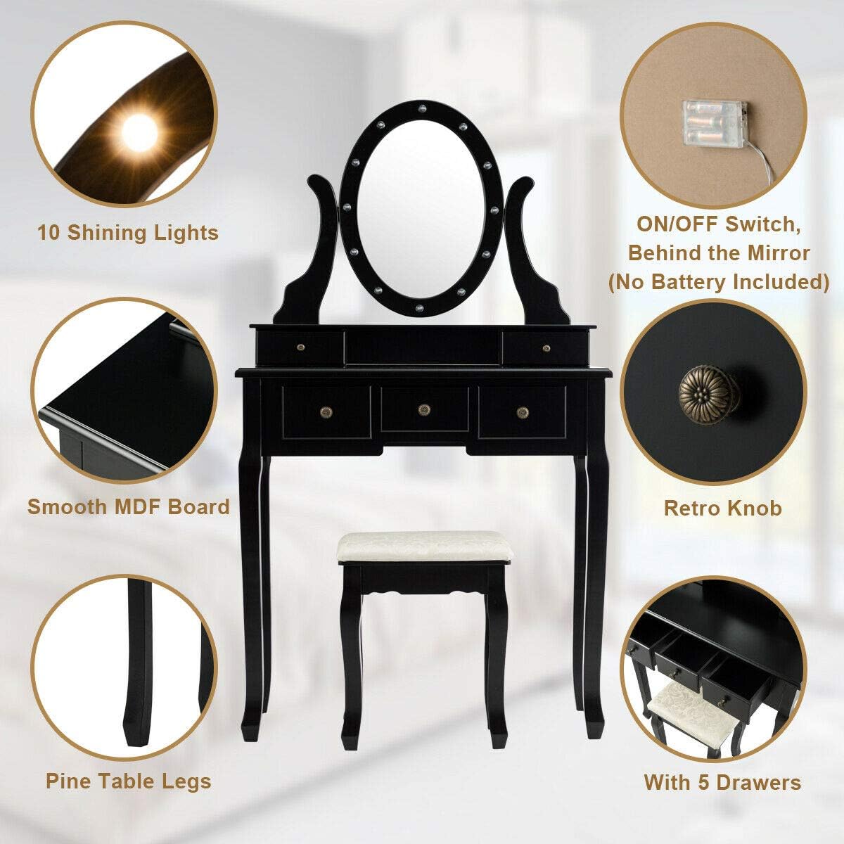 DORTALA Makeup Vanity Table Set, 5 Drawers Dressing Table w/ 360° Rotating Oval Mirror, Detachable Top, 12 LED Light Bulbs, Multifunctional Girl Dressing Table Set w/Vanity Padded Bench, Black