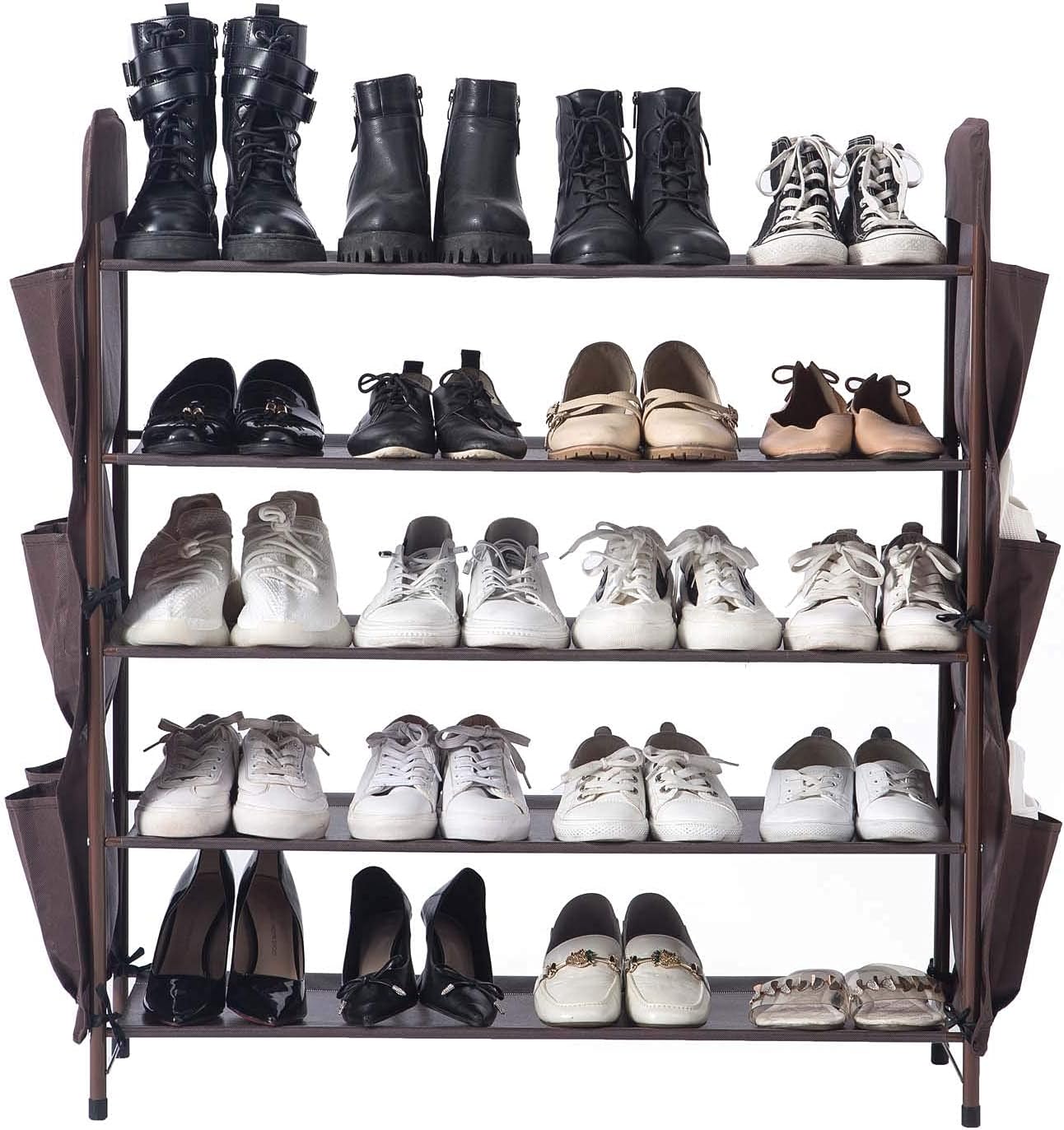 UDEAR Shoe Rack Free Standing Shoe Organizer,5-Tier with Side 12 Shoes Pockets,31.5inches Wide,Brown