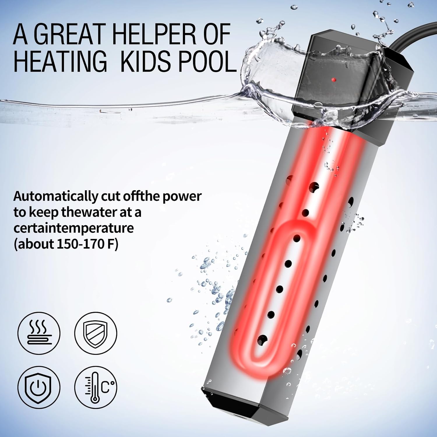 Portable Immersion Water Heater, 2000W, Stainless Steel, Above Ground Pool Heater with Digital LCD Thermometer