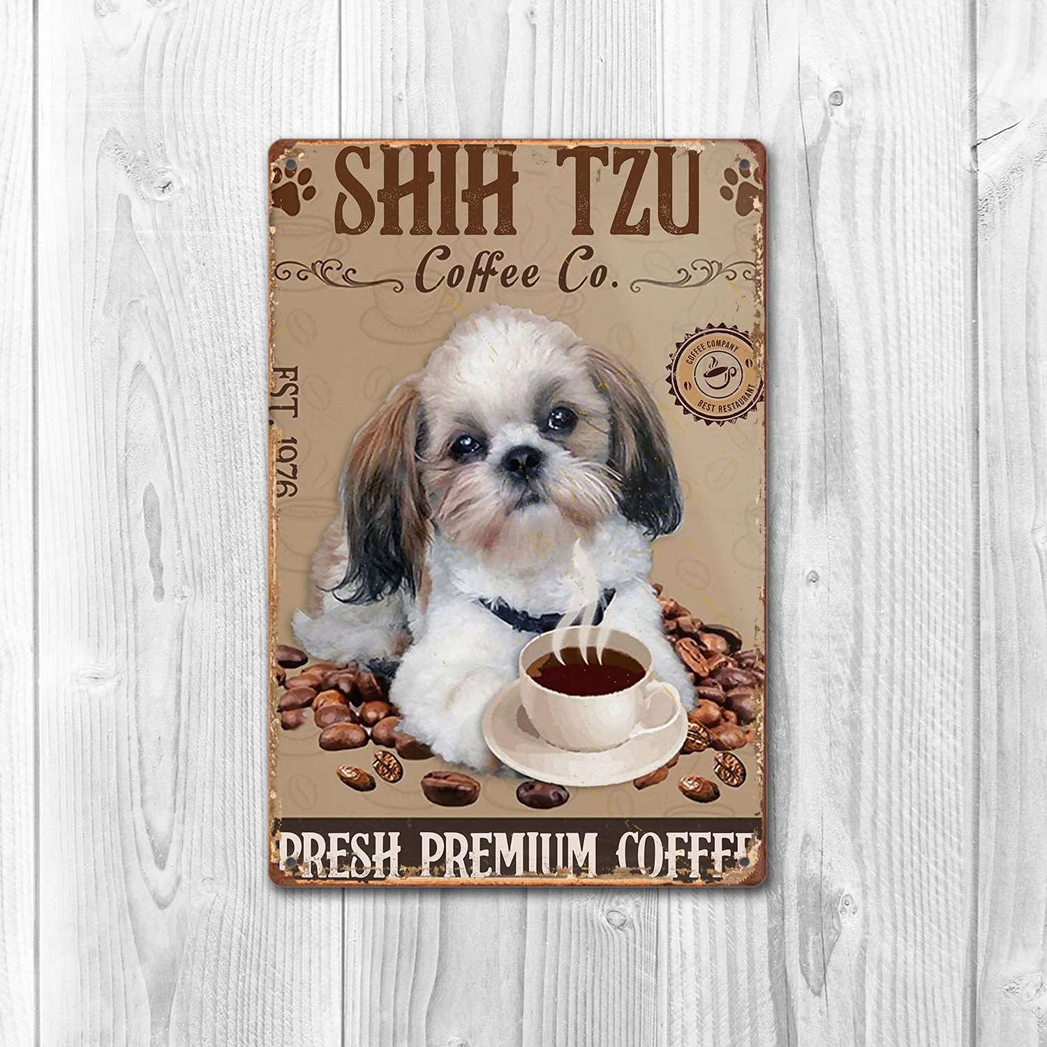 Cartello In Metallo Retrò Con Cane Shih Tzu - Stampa 'Coffee Company' - 20x30 Cm - Decorazione Da Parete Per Interni - 2