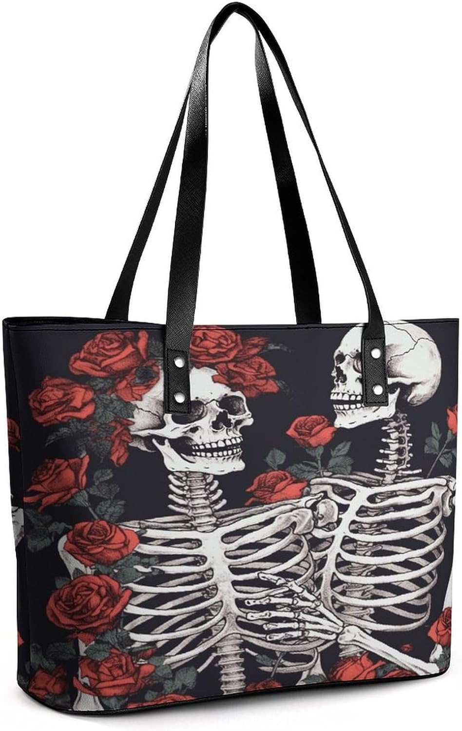 Rose And Skeleton Tote Bag for Women Top Handle Large Size Satchel Purse Ladies Chic Shoulder Bag Aesthetic Leather Shoulder Handbag for Work Travel Cute Casual Message Bags