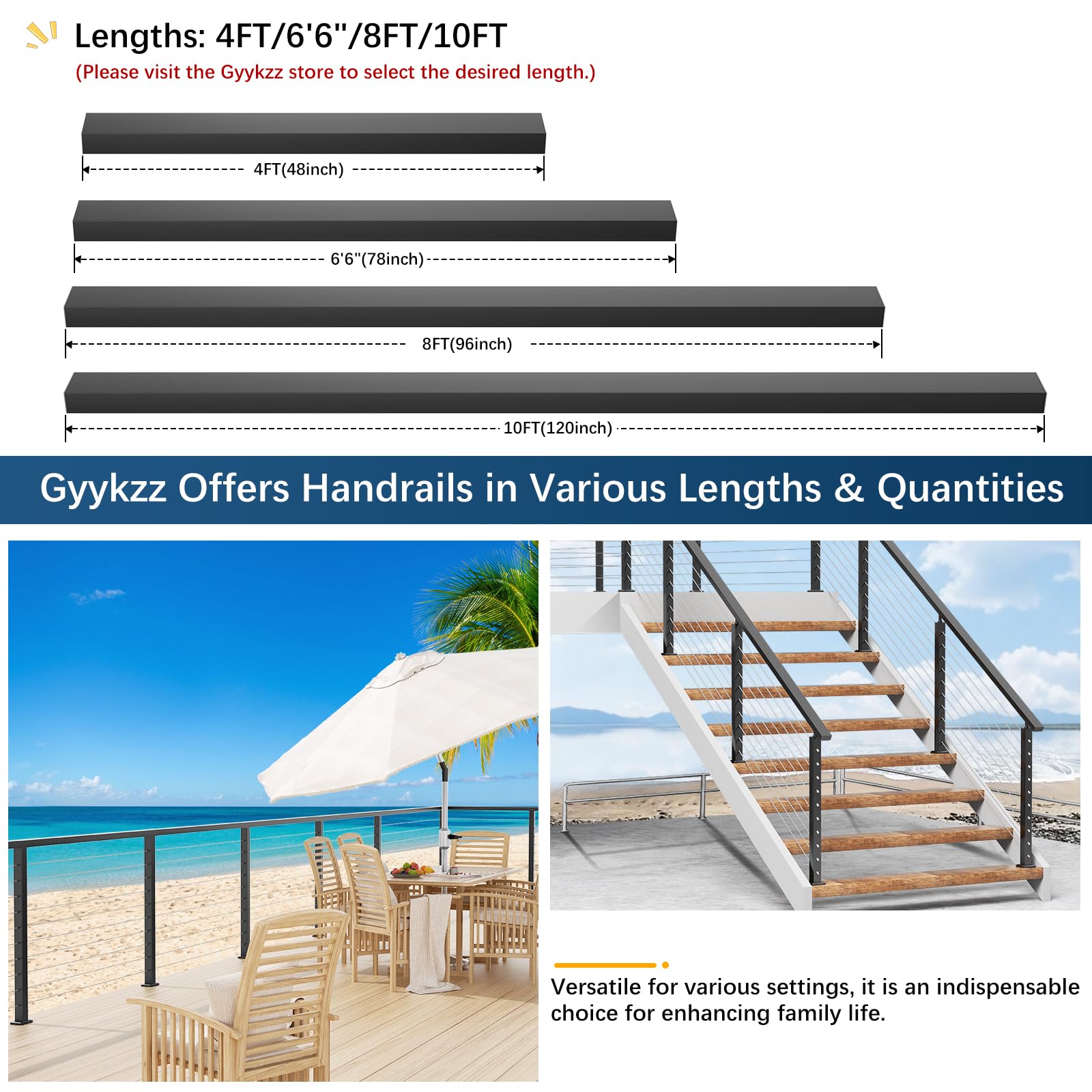 Snapklik.com : Gyykzz 8FT Aluminum Black Handrail, 4 Pack Rectangular ...