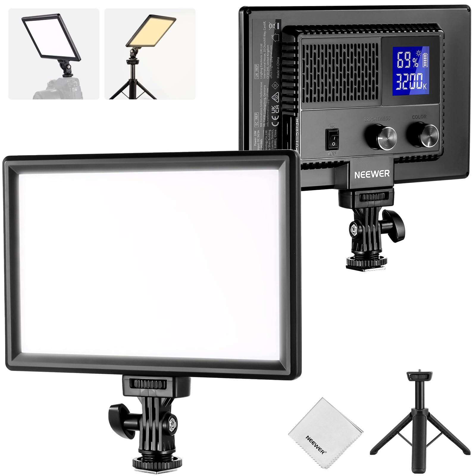 NEEWER 9" Pannello Luce LED, luci soffusa dimmerabile per fotocamera DSLR con mini treppiede, batteria 4000mAh, porte USB tipo C, 3200K~5600K CRI95+ 600Lux per fotografia, video, streaming, NL-116AI