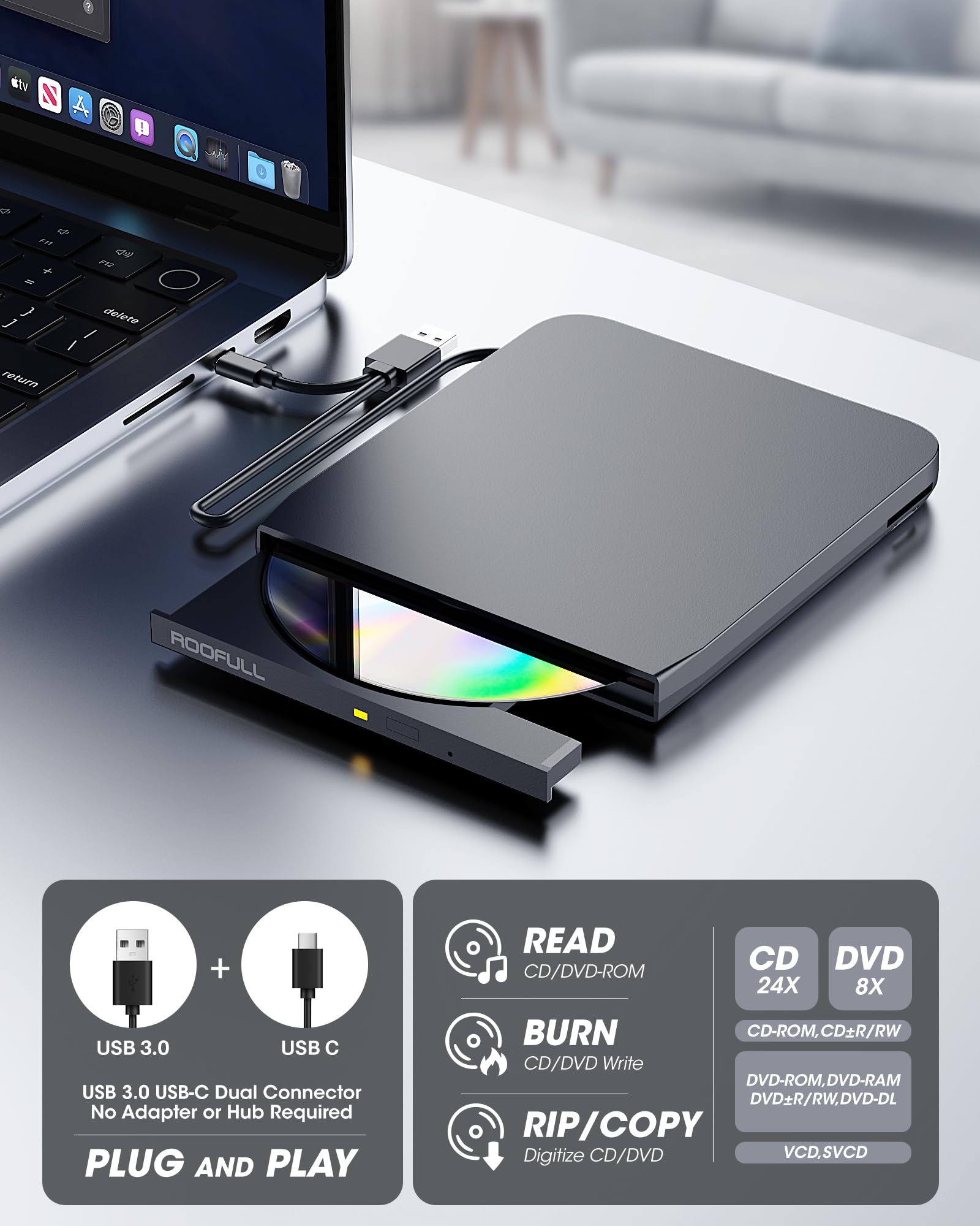 ROOFULL Lecteur CD DVD externe USB 3.0 avec adaptateur Ethernet, ports USB-A/C, fente pour carte SD/TF, étui de transport, lecteur CD DVD USB-C, graveur lecteur de disque optique pour Windows et Mac