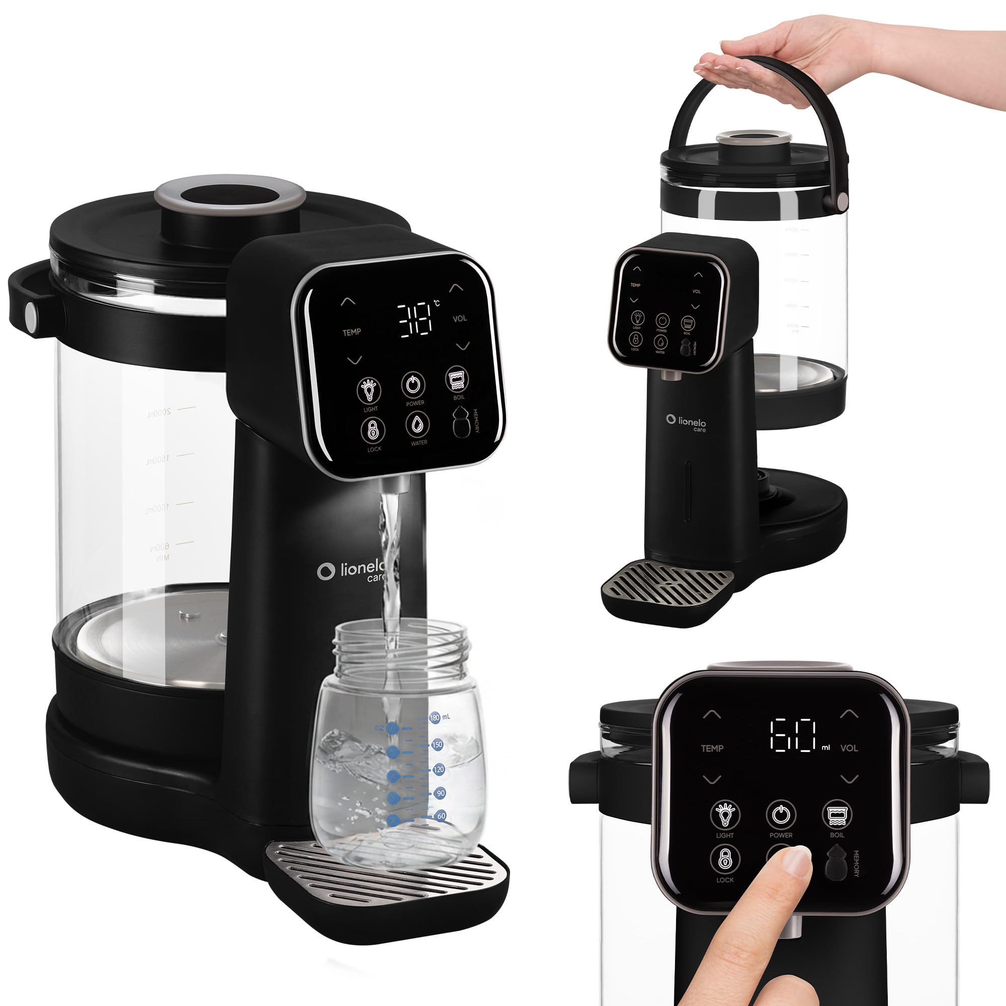 Lionelo BABYPRESTO 2.0 Preparatore Istantaneo di Latte in polvere con Temperatura Regolabile 40-100°C, Dosaggio Automatico 30-300 ml, Formula Scaldabiberon, Dispenser Acqua 3L, Declorazione, Igiene UV