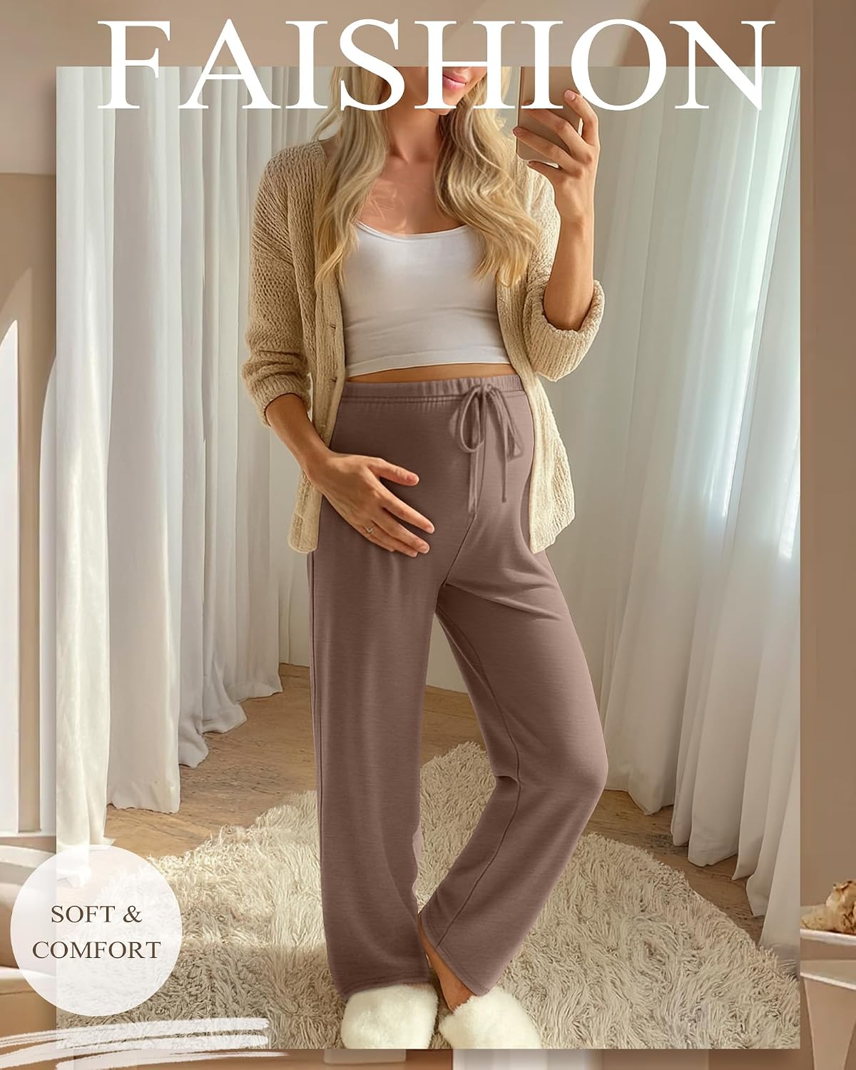 3 Pack Maternity Pants for Women Over The Belly Lounge Work Pregnancy Pants Drawing Wide Leg Trousers with Pockets