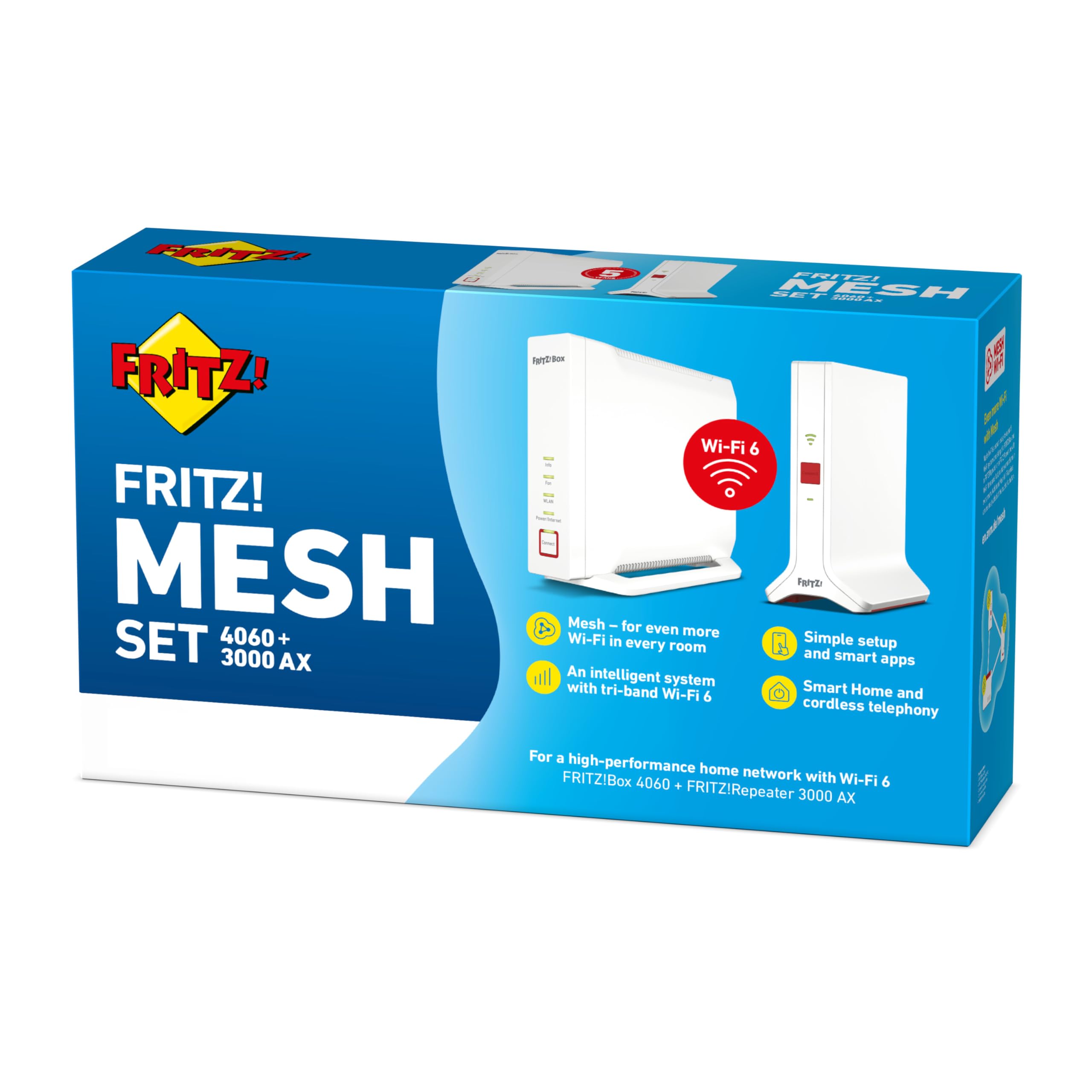 FRITZ! Mesh Set 4060 + 3000 AX Edition International, Wi-Fi 6 Triband bis zu 6000 Mbps, 2,5 Gigabit-WAN, Multiroom Mesh Wi-Fi System, kostenlose Updates, 5 Jahre Garantie