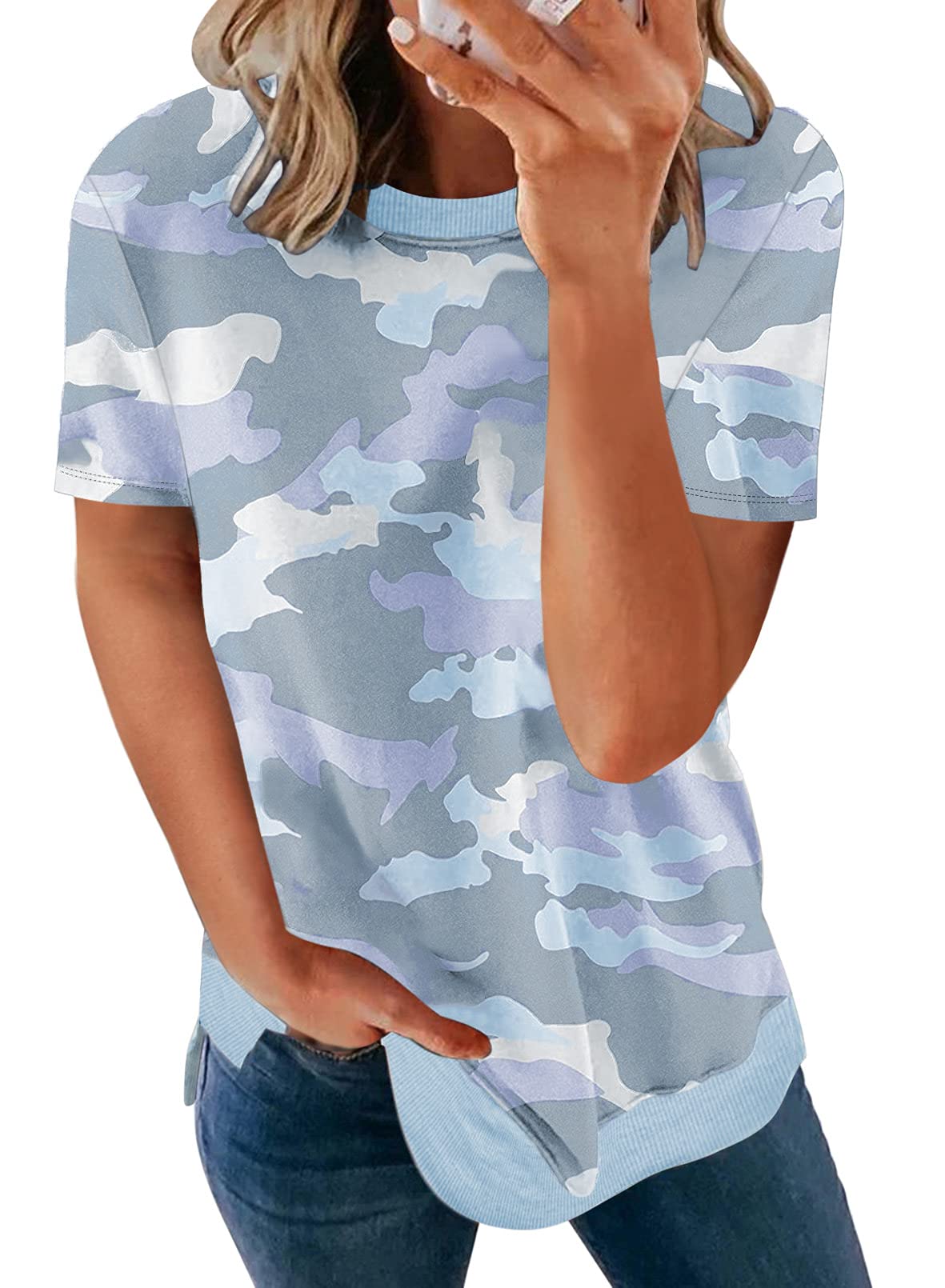 BiuclyWomens Short Sleeve Crewneck Shirts Loose Casual Tee T-Shirt