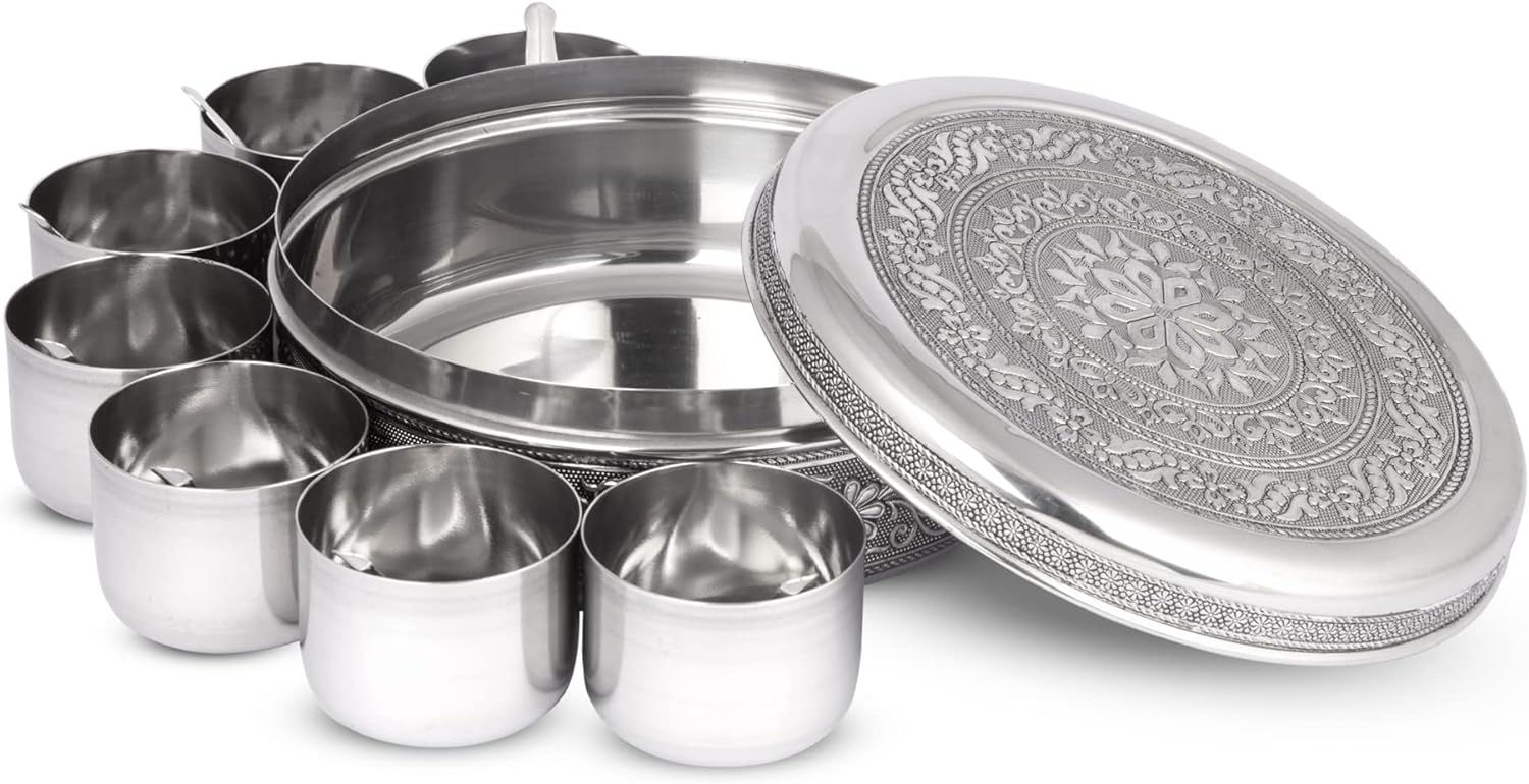 Designer Spice Container Masala Dabba, 7 Spice Jars, Holds 7 Spices, Spice Container Box, Polished Stainless Steel with 7 Serving Spoons, Indian Masala Dabba with Lid, 8 Inch - Image 2