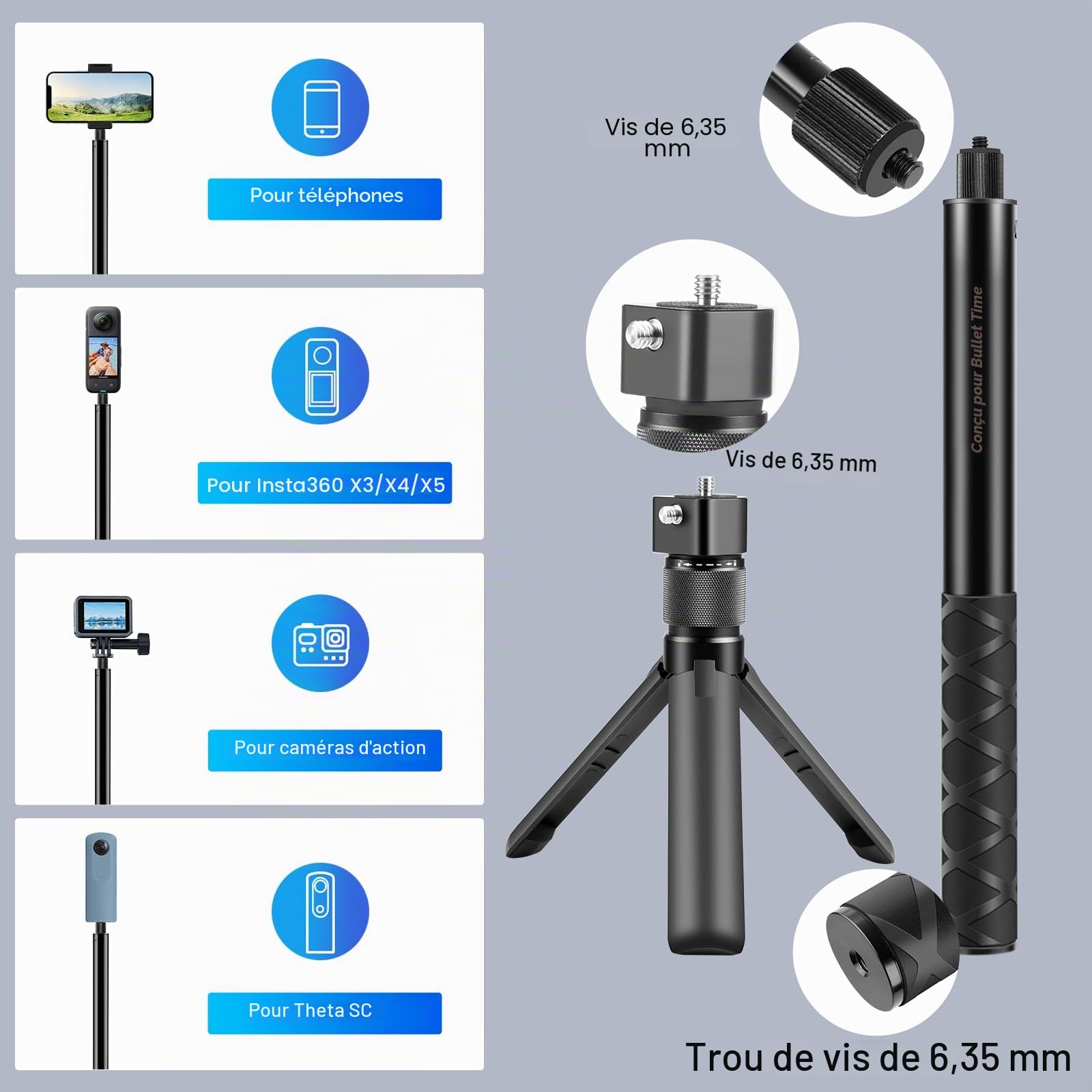 PULUZ Insta 360 Bullet Time Selfie Stick Kit pour Insta360 X3 X4 X5 ONE X2, Perche à selfie de 114 cm et mini trépied pour appareil photo avec double vis 1/4
