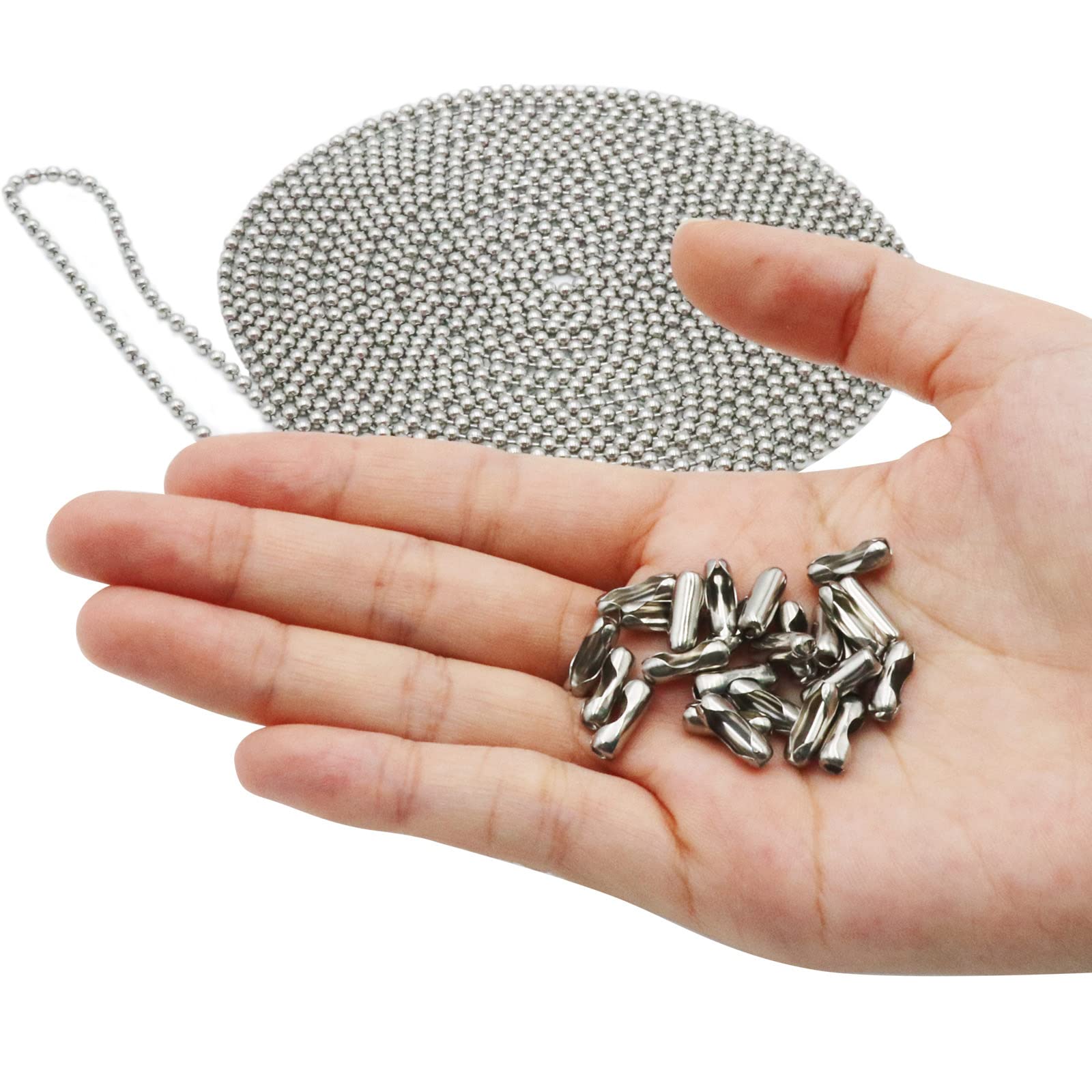 100 stuks zilveren kogelketting, roestvrij staal, kogelketting, parels, rolketting, metalen hangketting met connectoren, metalen kogelketting, 2,4 mm, bedels, knutselballetjes, voor sleutelhangers