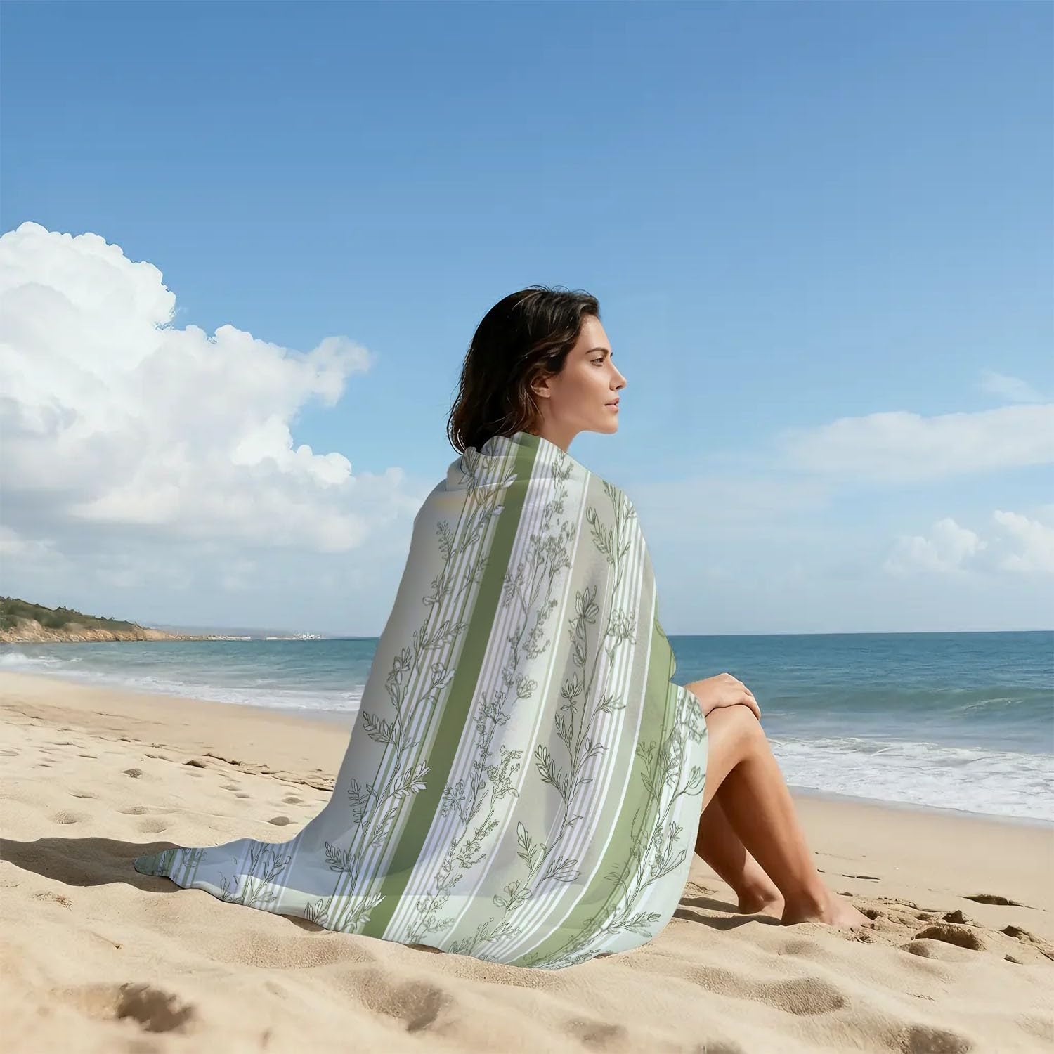 Générique Drap de Plage Anti Sable Sechage Rapide 200 cm x 100 cm Moderne Naturel Serviette de Plage Microfibre Raffiné Frais Élégant Calme Rayures Plantes Absorbante Super Couverture de Plage