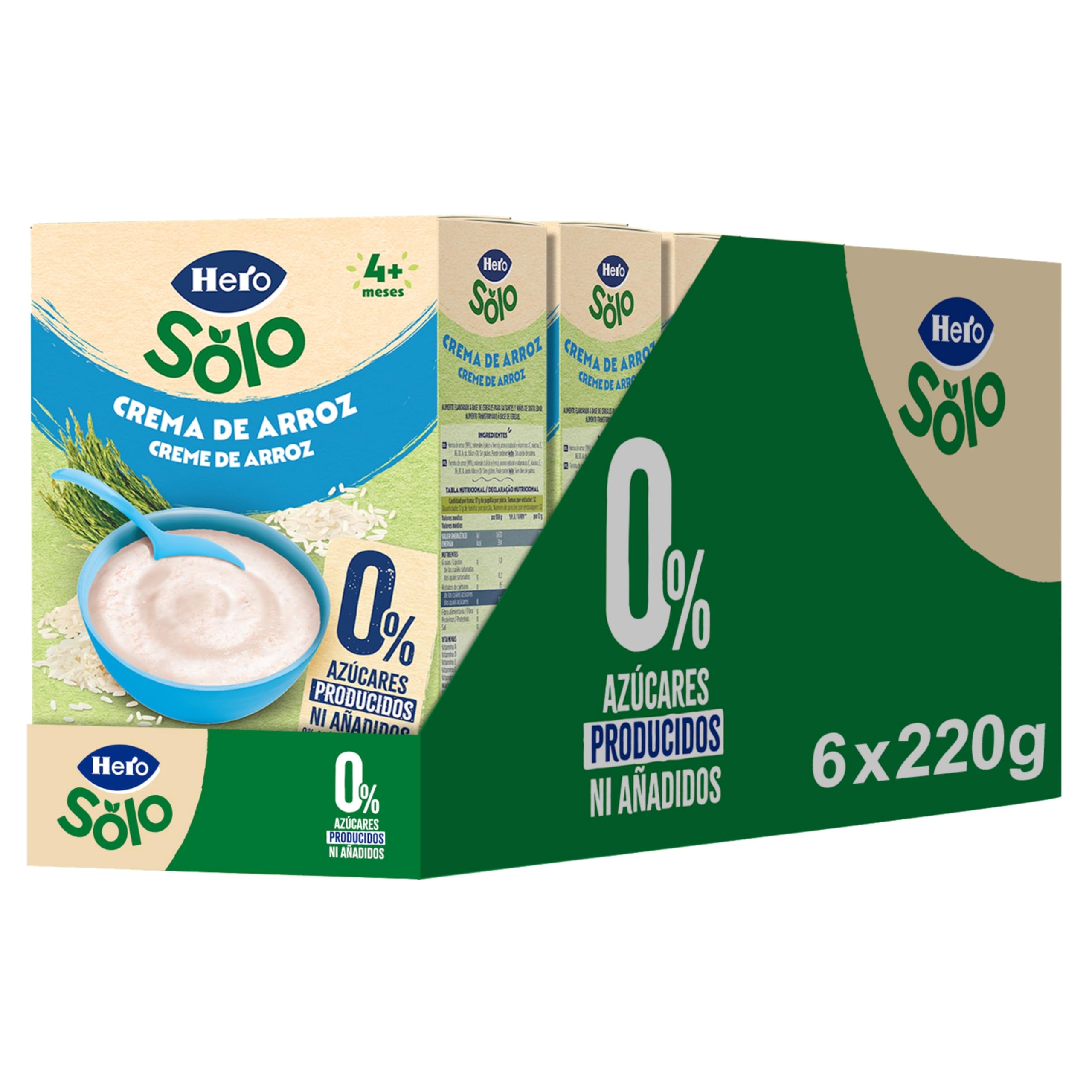 Hero Solo Papilla Crema de Arroz, Sin Gluten, Rica en Fibras y Vitaminas, Sabor Natural para Bebés, a partir de 4 meses, Pack x 6 units x 220 g
