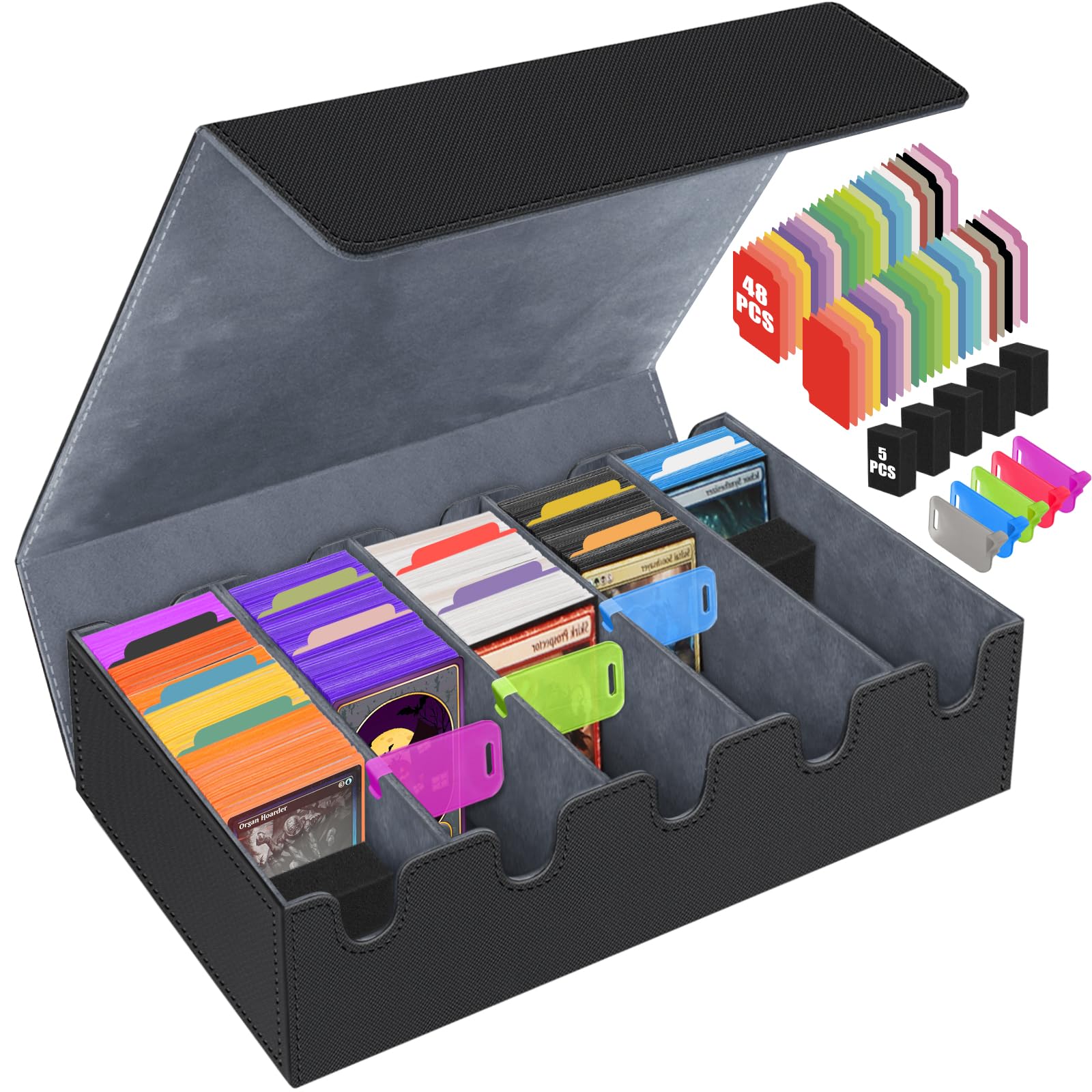 Scatola per Carte per Oltre 3600+ Carte, Scatole per Carte Collezionabili con 48 Divisori Colorato, 5 Blocchi in sSchiuma, 5 Fogli di Plastica, Scatole per Mazzi Magnetici PU per Carte(Nero Grigio)